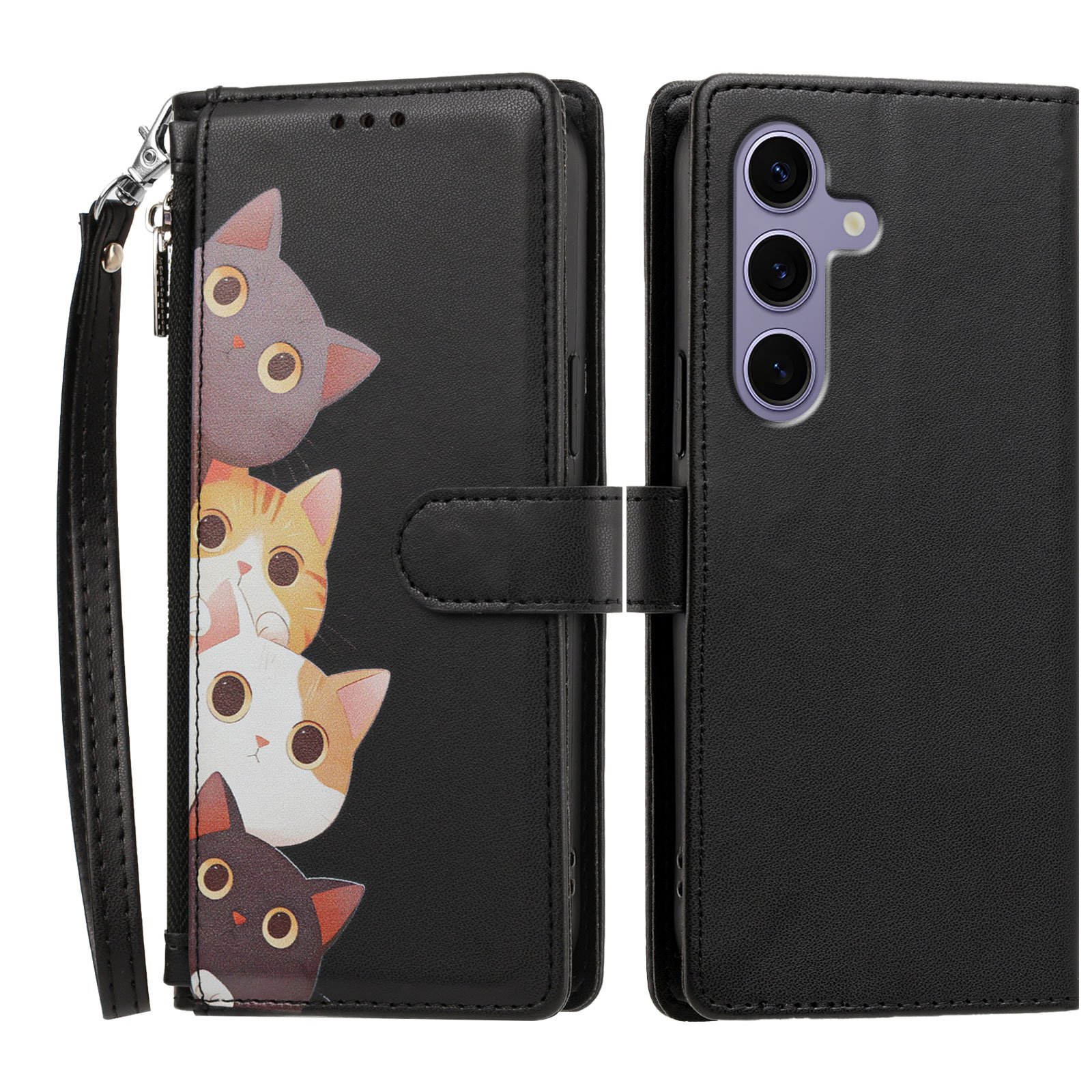 For Samsung Galaxy S24 / Galaxy S25 Case Cute Cat Pattern PU Leather Flip Wallet Phone Cover with Wrist Strap - Black