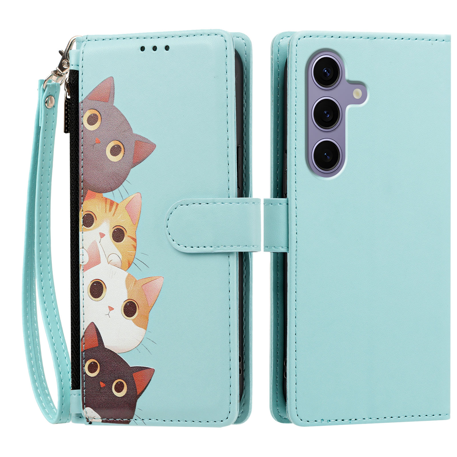 For Samsung Galaxy S24 / Galaxy S25 Case Cute Cat Pattern PU Leather Flip Wallet Phone Cover with Wrist Strap - Light Green