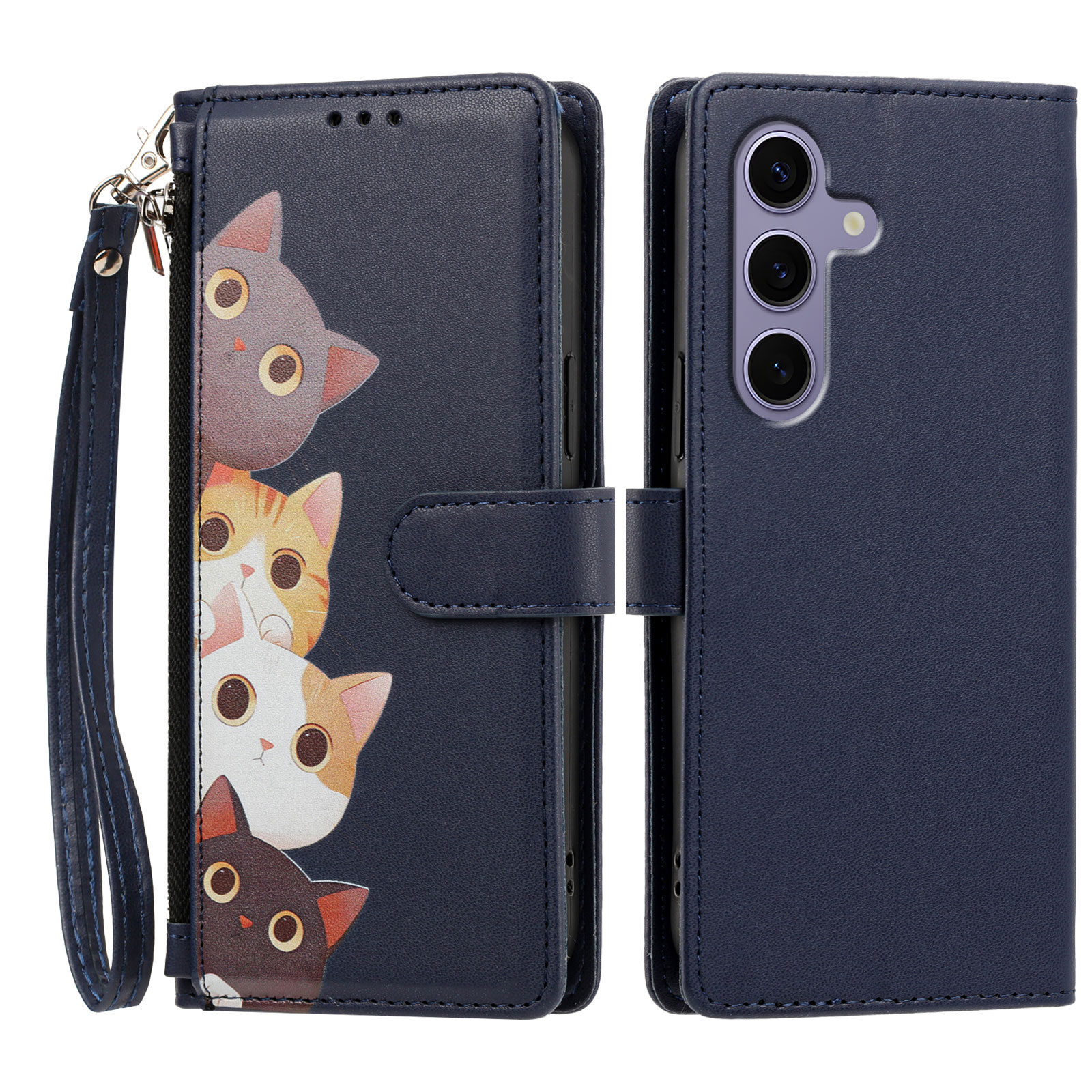 For Samsung Galaxy S24 / Galaxy S25 Case Cute Cat Pattern PU Leather Flip Wallet Phone Cover with Wrist Strap - Dark Blue