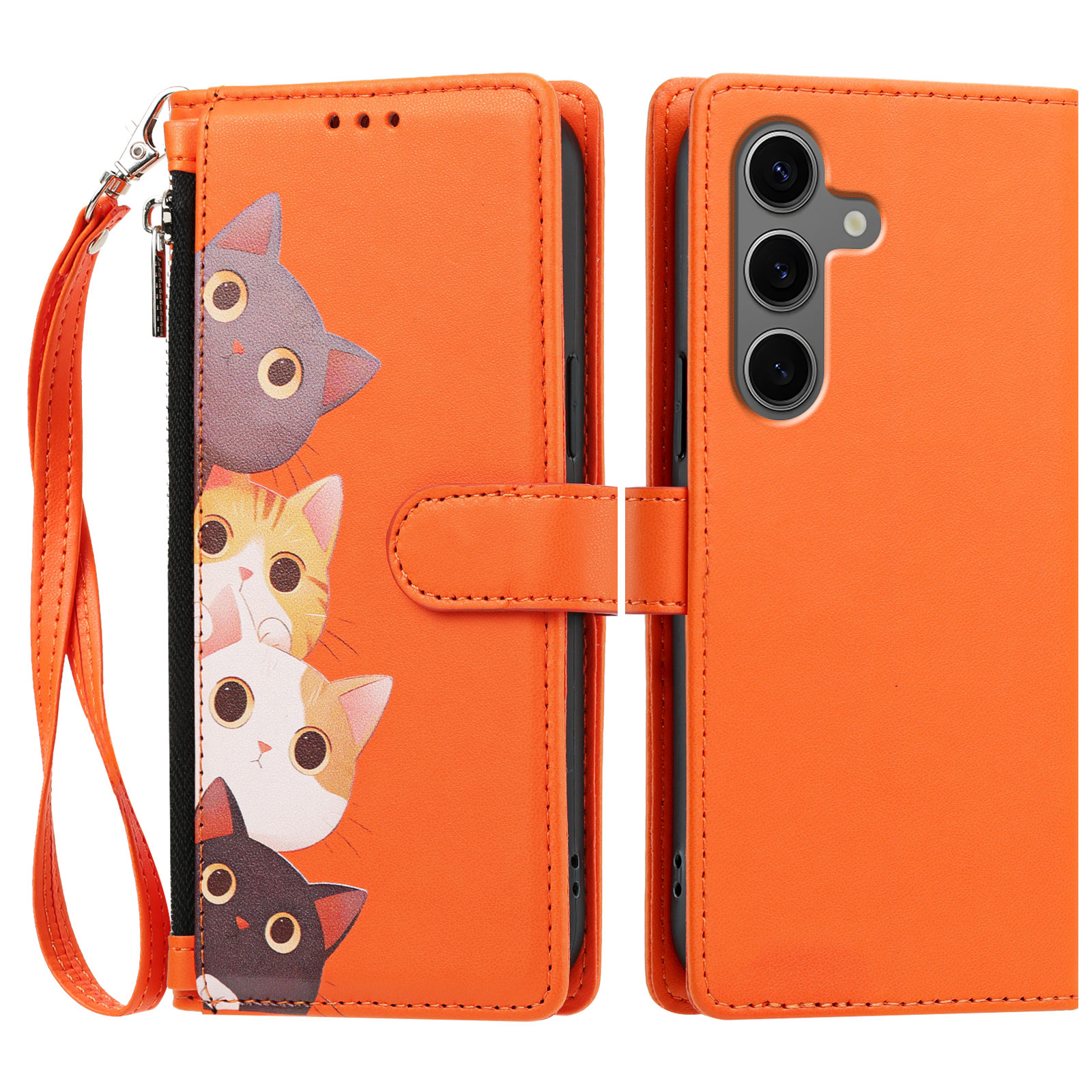 For Samsung Galaxy S25 Ultra Case Cute Cat Pattern PU Leather Flip Wallet Phone Cover with Wrist Strap - Orange