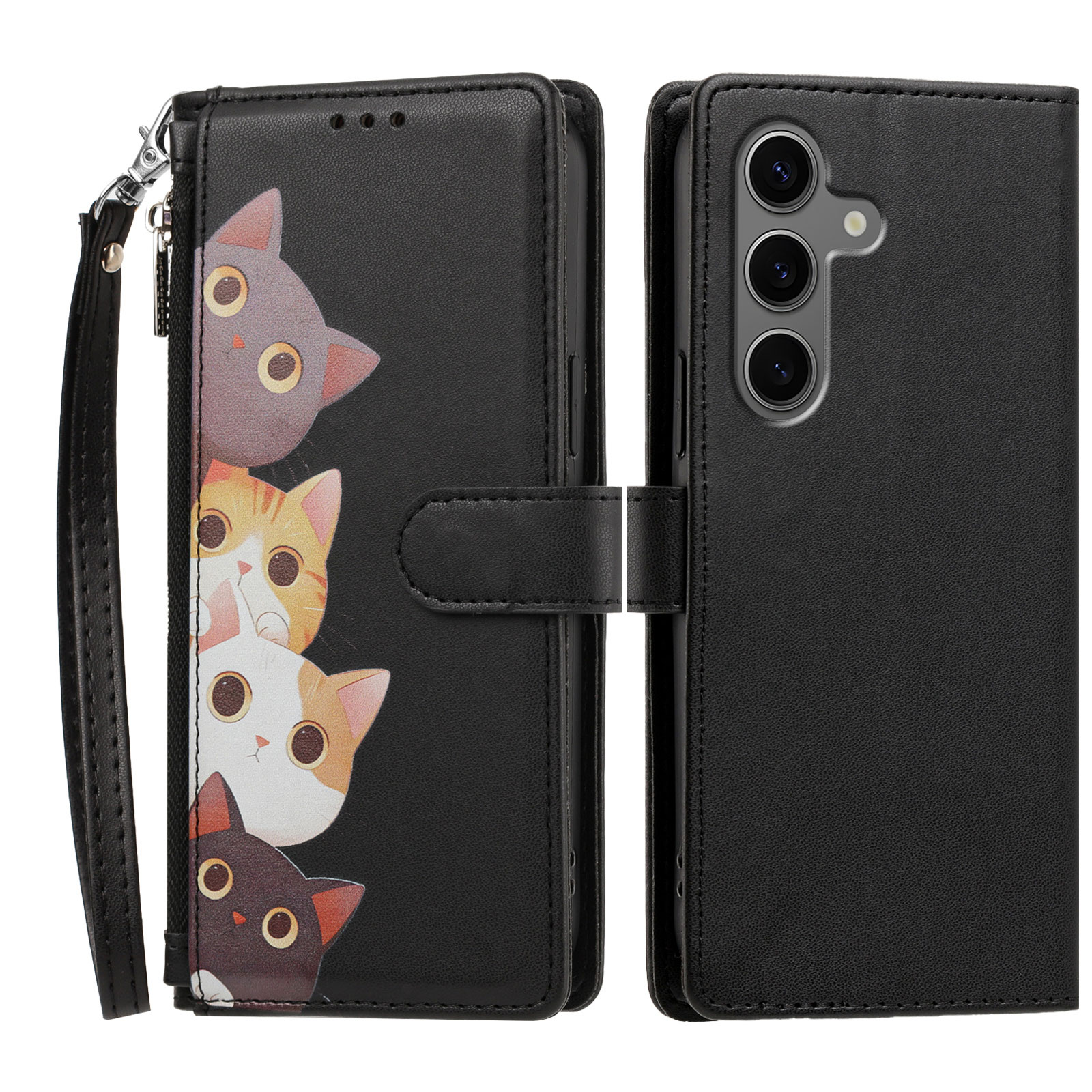 For Samsung Galaxy S25 Ultra Case Cute Cat Pattern PU Leather Flip Wallet Phone Cover with Wrist Strap - Black