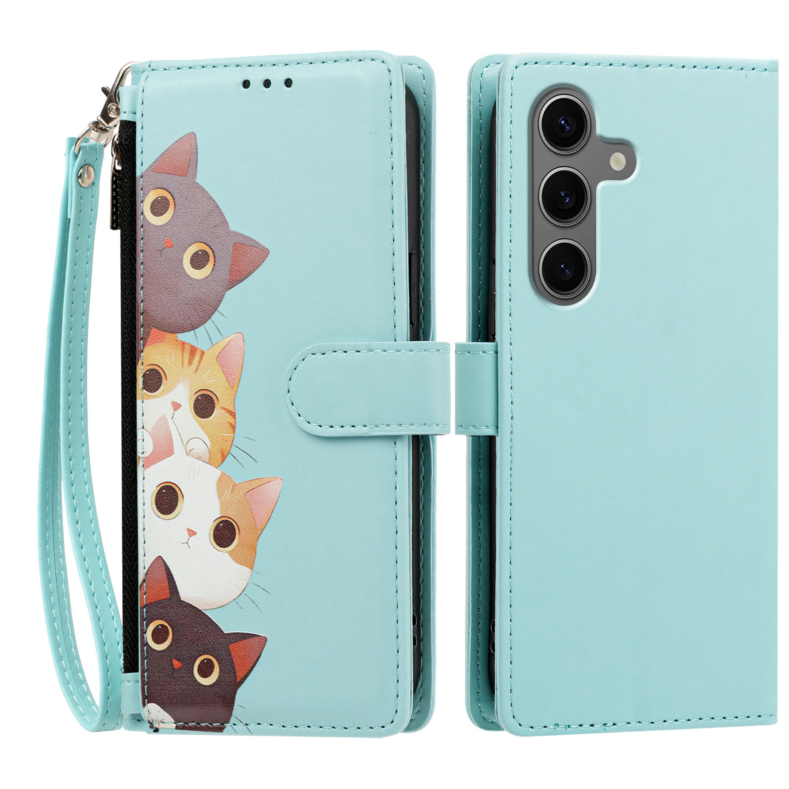 For Samsung Galaxy S25 Ultra Case Cute Cat Pattern PU Leather Flip Wallet Phone Cover with Wrist Strap - Light Green