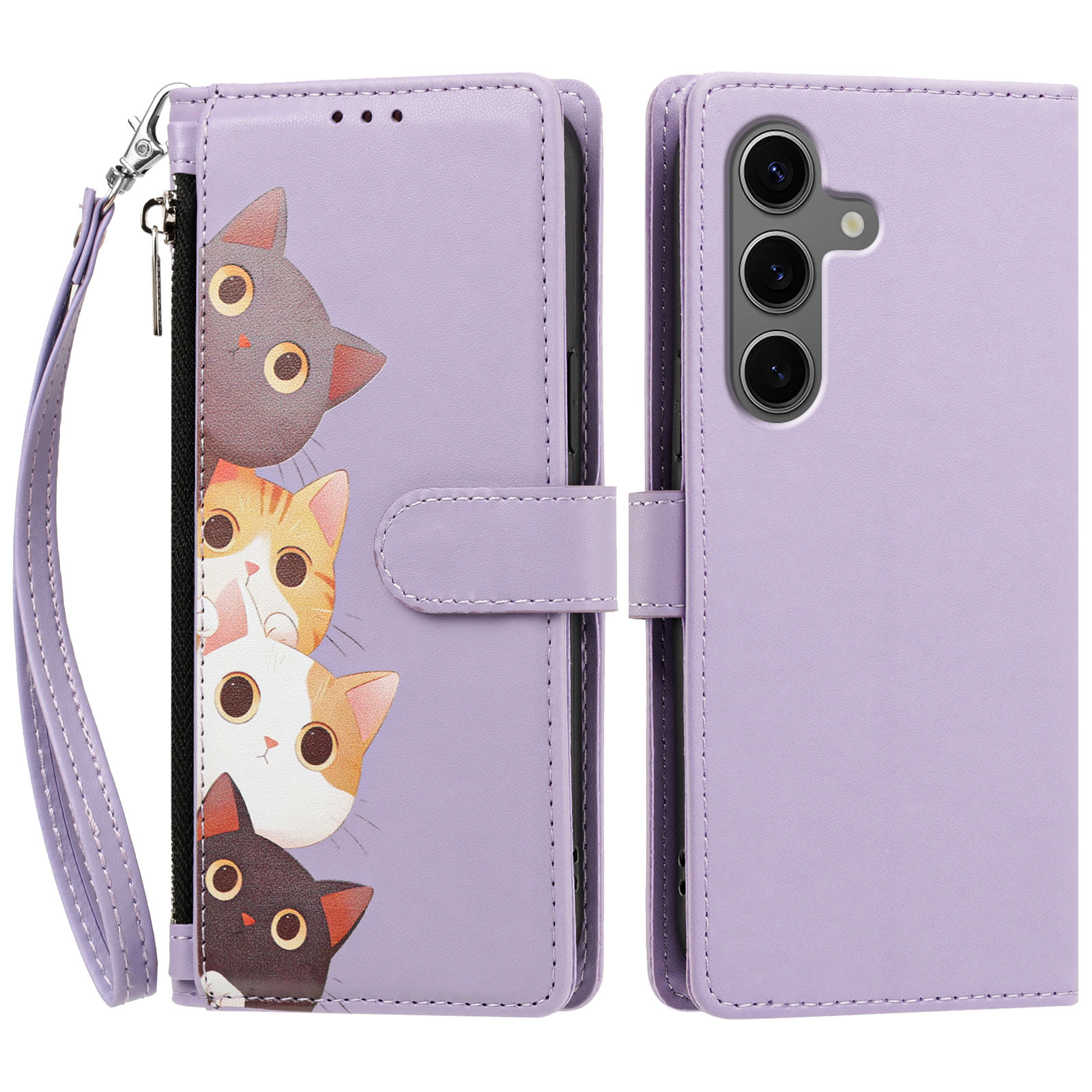 For Samsung Galaxy S25 Ultra Case Cute Cat Pattern PU Leather Flip Wallet Phone Cover with Wrist Strap - Light Purple
