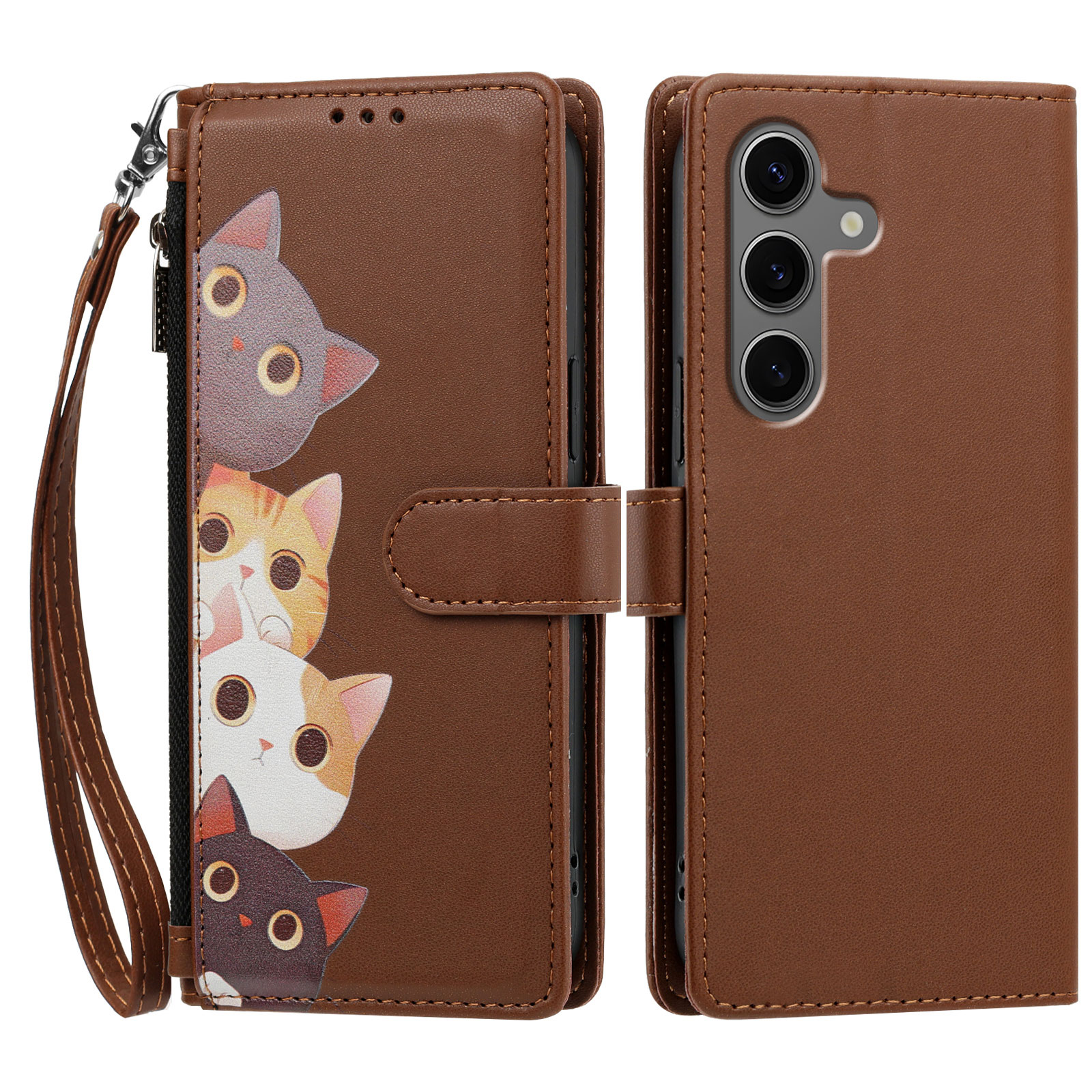 For Samsung Galaxy S25 Ultra Case Cute Cat Pattern PU Leather Flip Wallet Phone Cover with Wrist Strap - Brown