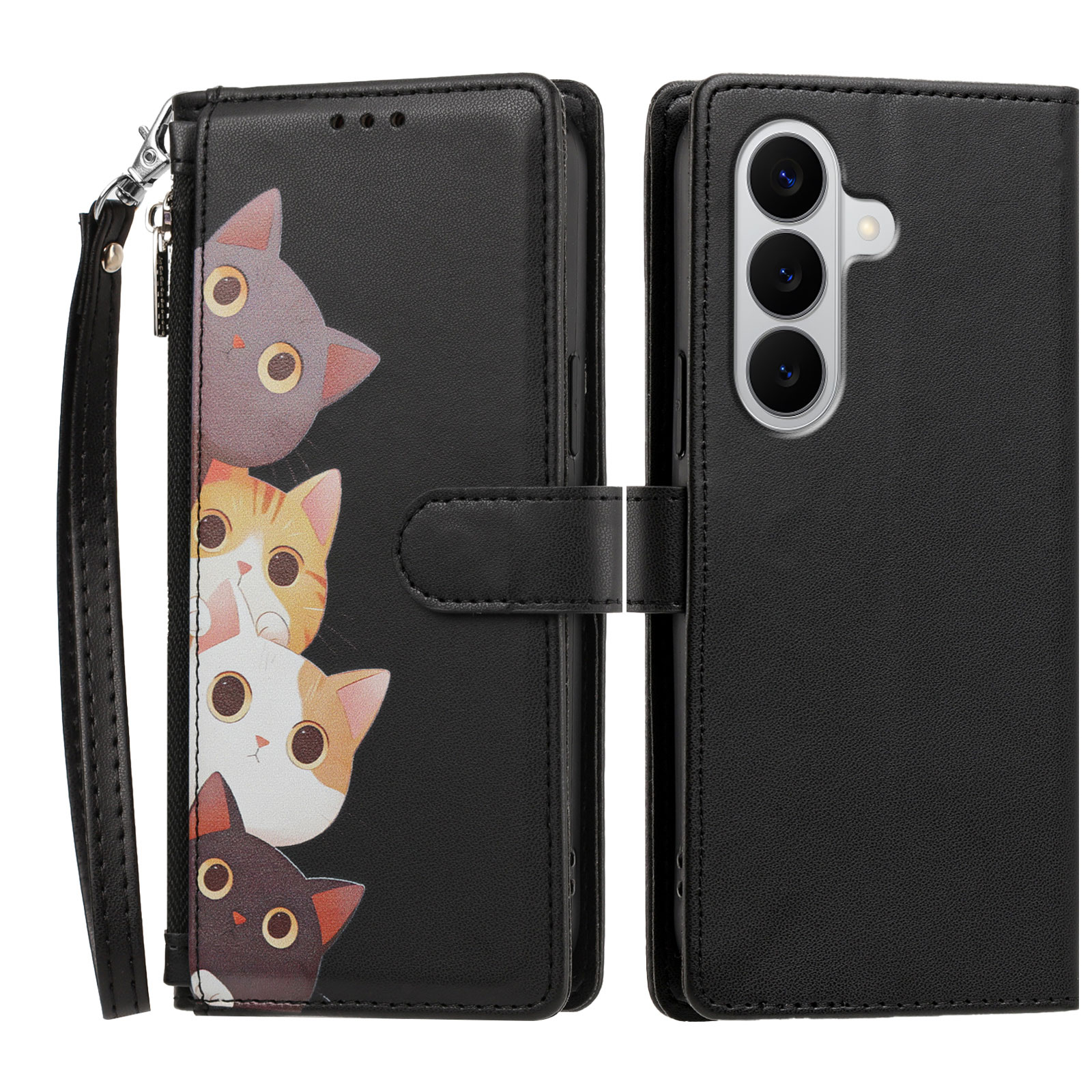 For Samsung Galaxy A27 5G Case Cute Cat Pattern PU Leather Flip Wallet Phone Cover with Wrist Strap - Black