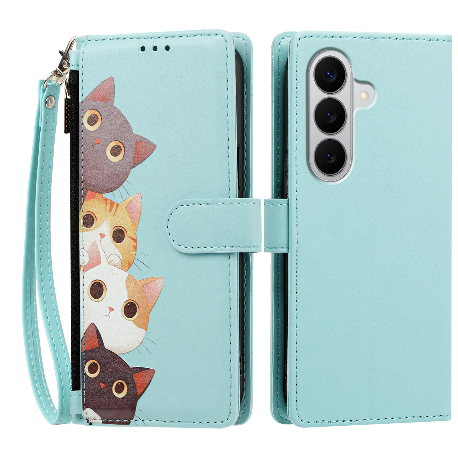 For Samsung Galaxy A27 5G Case Cute Cat Pattern PU Leather Flip Wallet Phone Cover with Wrist Strap - Light Green