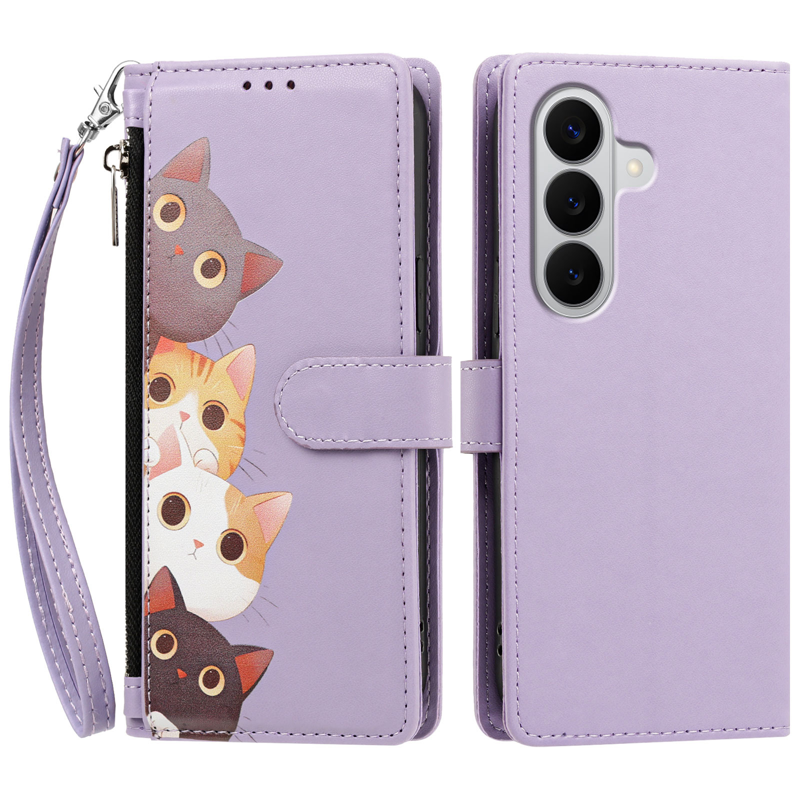 For Samsung Galaxy A27 5G Case Cute Cat Pattern PU Leather Flip Wallet Phone Cover with Wrist Strap - Light Purple