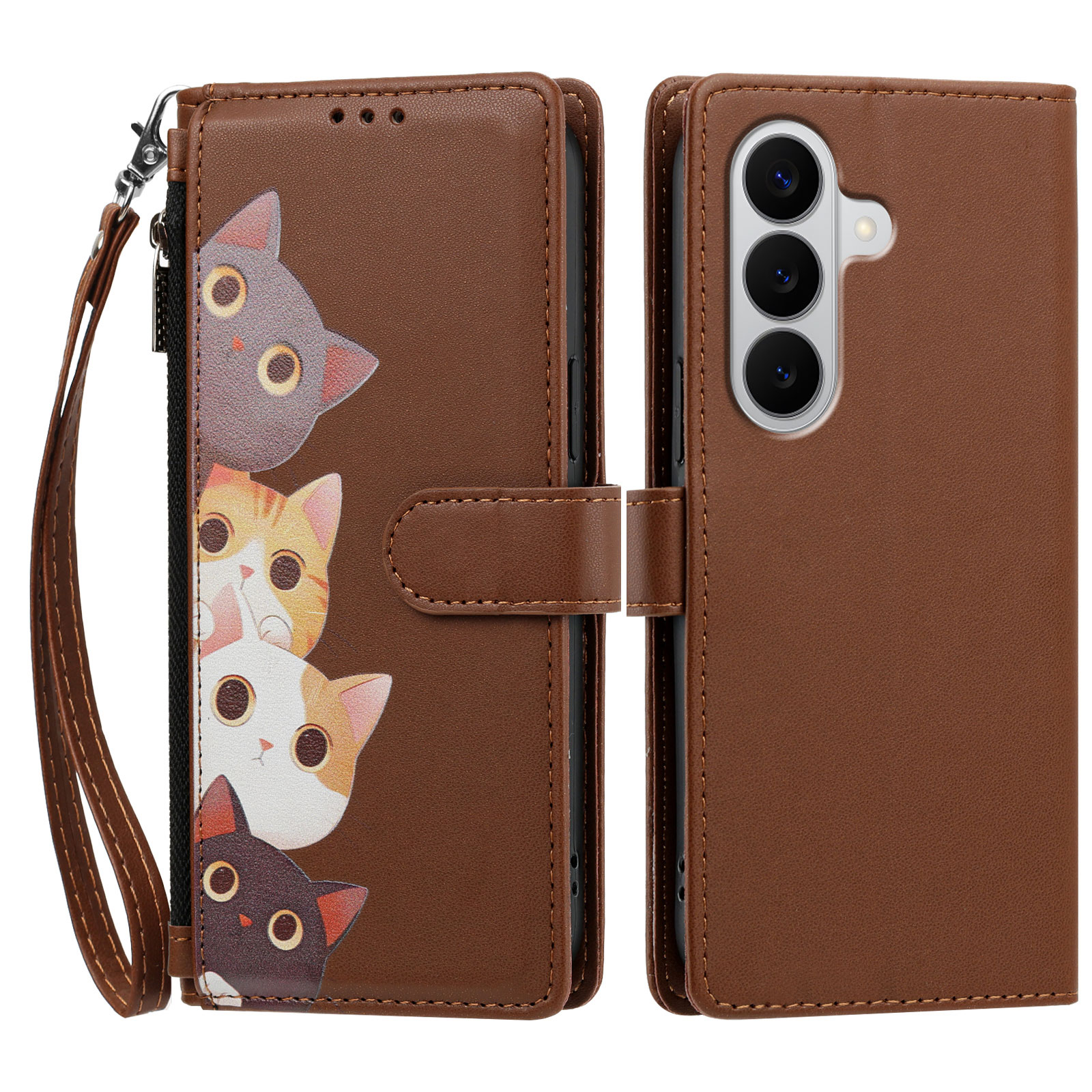 For Samsung Galaxy A27 5G Case Cute Cat Pattern PU Leather Flip Wallet Phone Cover with Wrist Strap - Brown