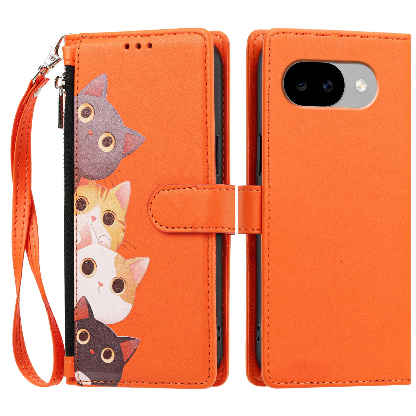 For Google Pixel 11a Case Cute Cat Pattern PU Leather Flip Wallet Phone Cover with Wrist Strap - Orange