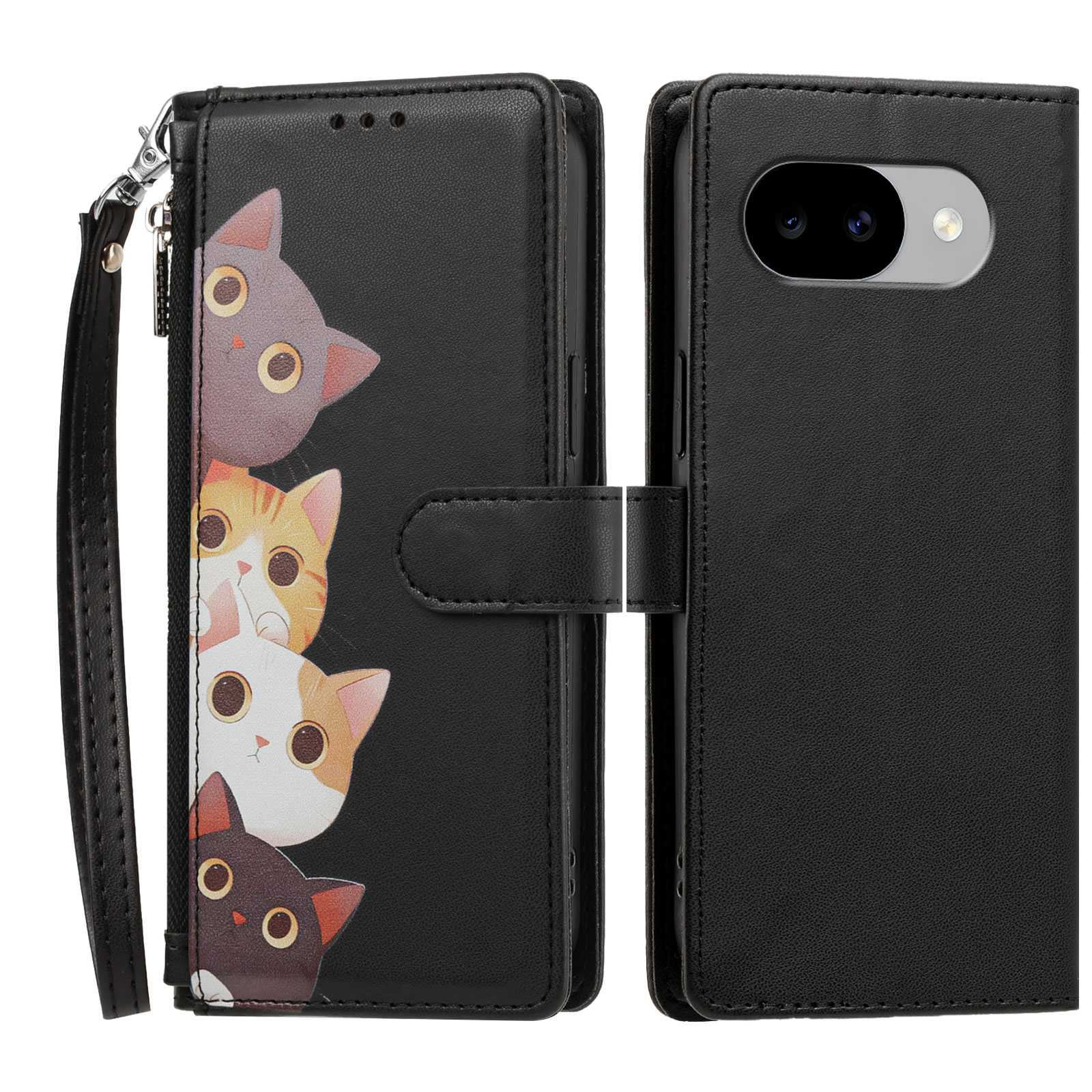 For Google Pixel 11a Case Cute Cat Pattern PU Leather Flip Wallet Phone Cover with Wrist Strap - Black