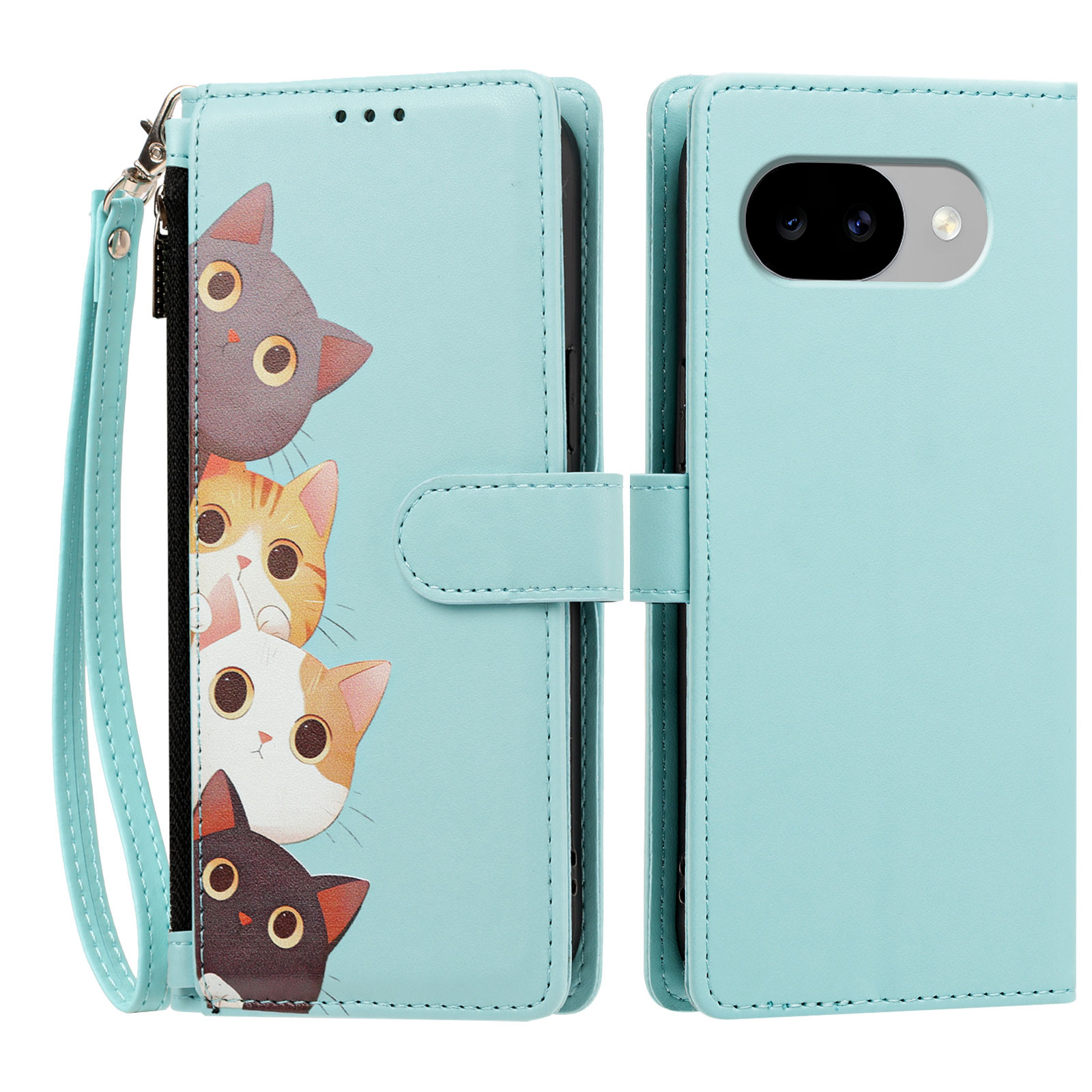 For Google Pixel 11a Case Cute Cat Pattern PU Leather Flip Wallet Phone Cover with Wrist Strap - Light Green