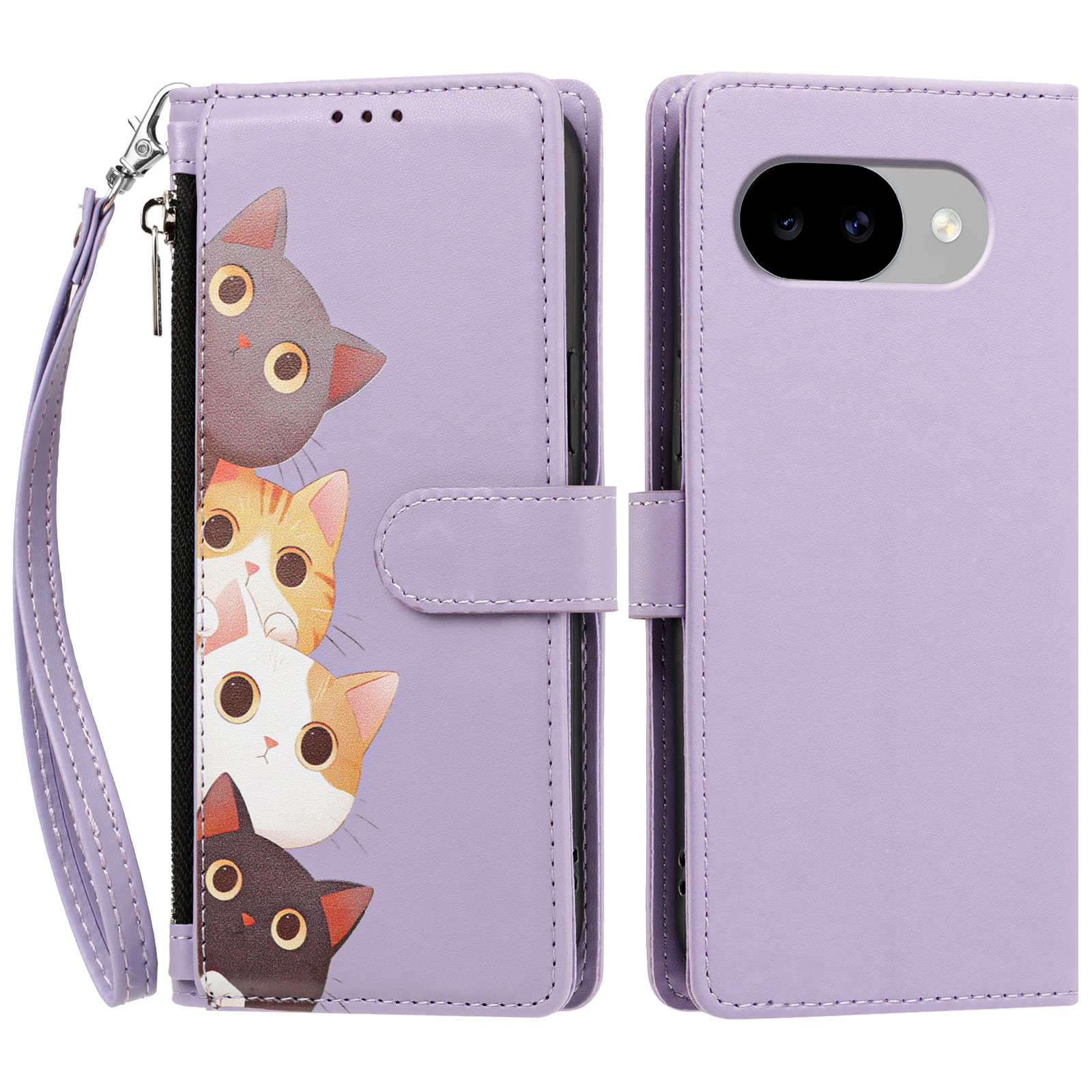 For Google Pixel 11a Case Cute Cat Pattern PU Leather Flip Wallet Phone Cover with Wrist Strap - Light Purple