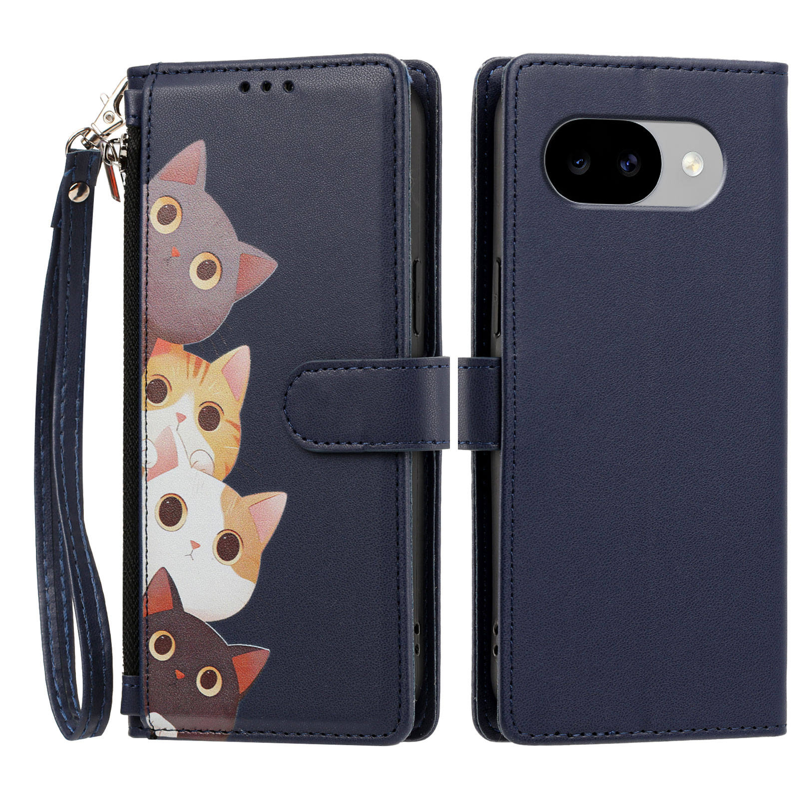 For Google Pixel 11a Case Cute Cat Pattern PU Leather Flip Wallet Phone Cover with Wrist Strap - Dark Blue