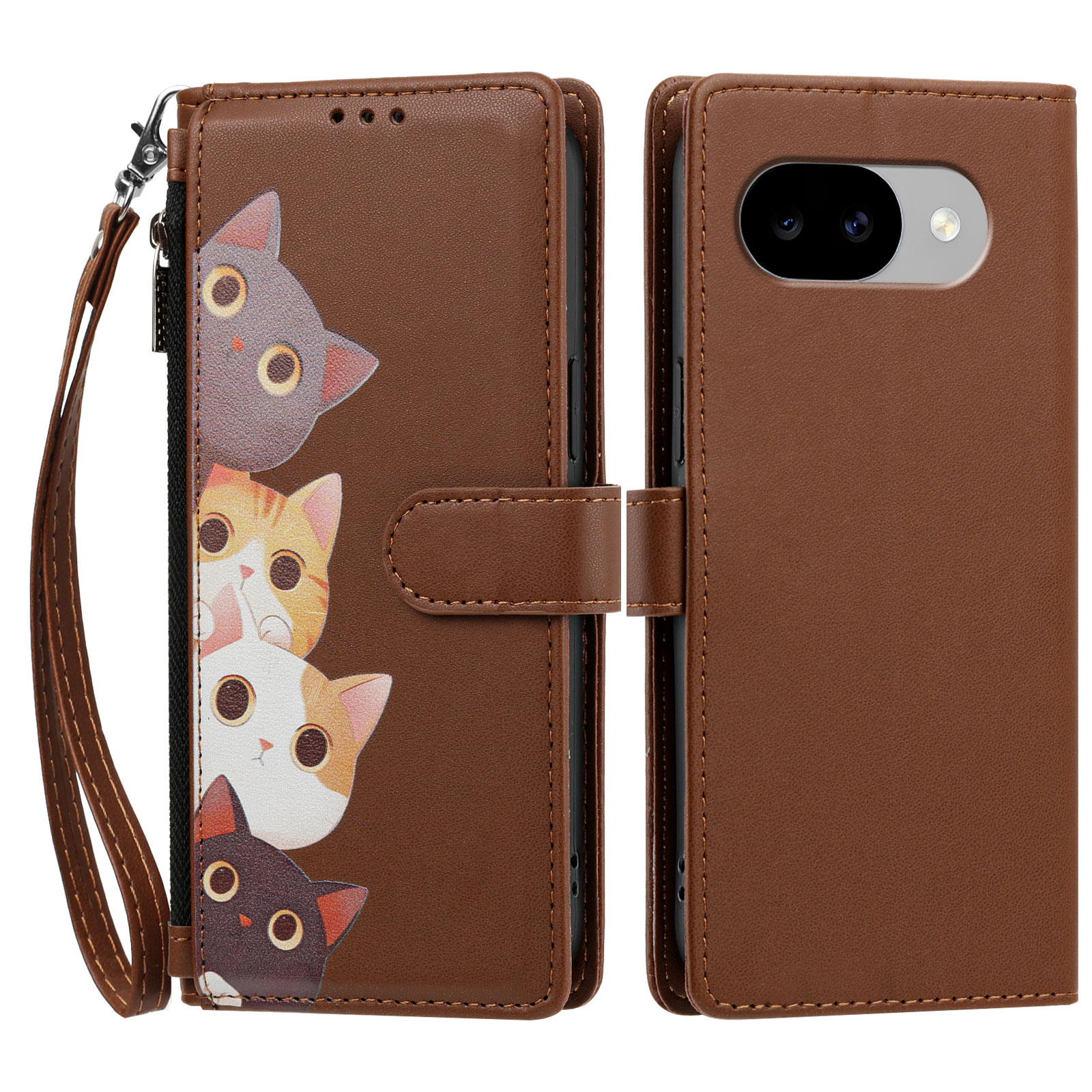 For Google Pixel 11a Case Cute Cat Pattern PU Leather Flip Wallet Phone Cover with Wrist Strap - Brown