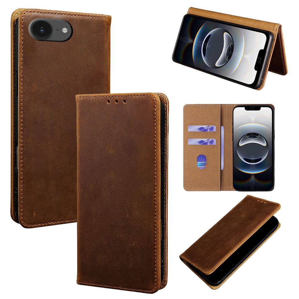 Phone Case For iPhone SE (2022) / (2020) / iPhone 8 / 7 , Crazy Horse Texture Genuine Cow Leather RFID Blocking Wallet Cover - Dark Brown