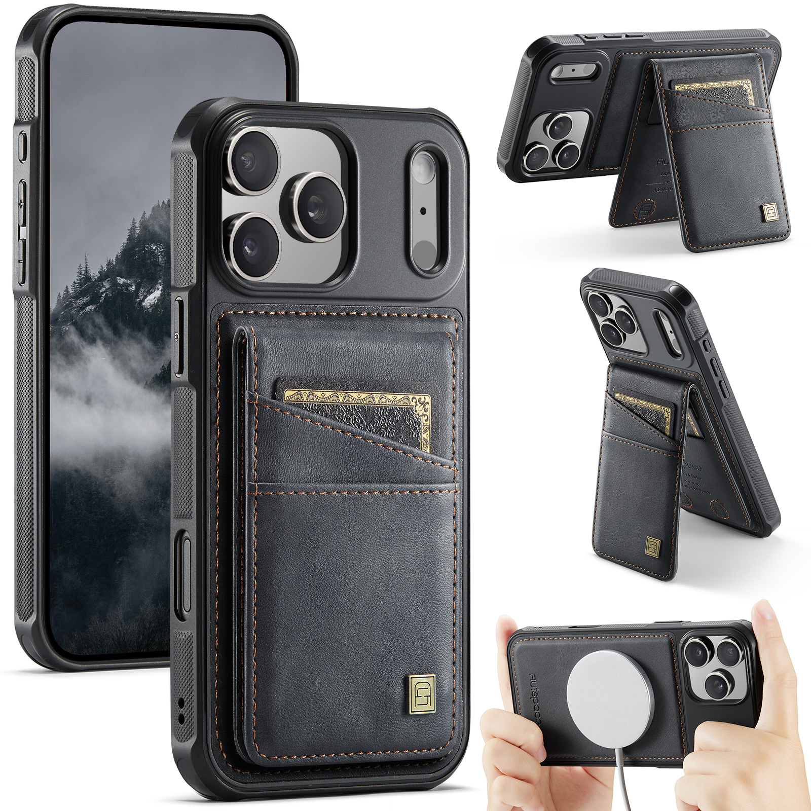 AUTSPACE for iPhone 18 Pro Max Case  A12 Leather Back Cover with Magnetic Detachable Card Bag Kickstand - Black