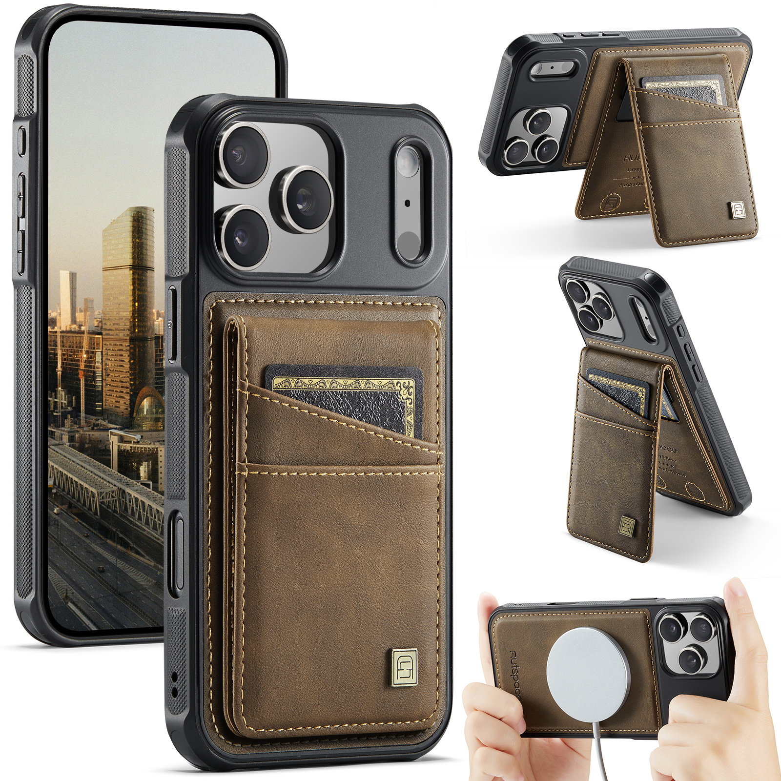 AUTSPACE for iPhone 18 Pro Max Case  A12 Leather Back Cover with Magnetic Detachable Card Bag Kickstand - Coffee