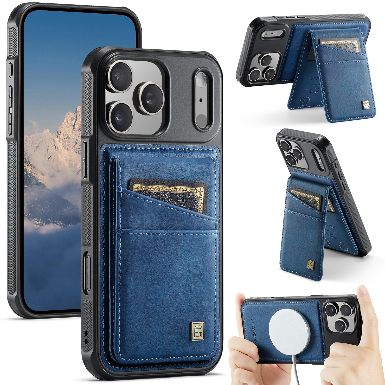 AUTSPACE for iPhone 18 Pro Max Case A12 Leather Back Cover with Magnetic Detachable Card Bag Kickstand - Blue
