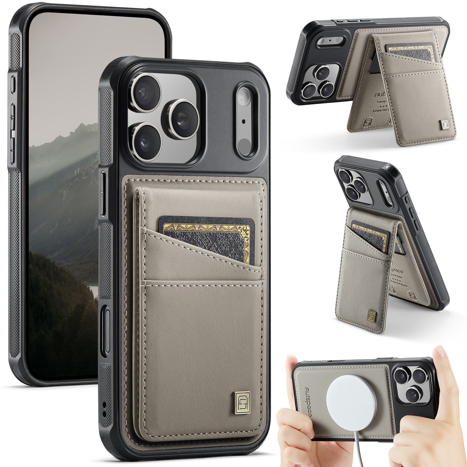 AUTSPACE for iPhone 18 Pro Max Case  A12 Leather Back Cover with Magnetic Detachable Card Bag Kickstand - Grey