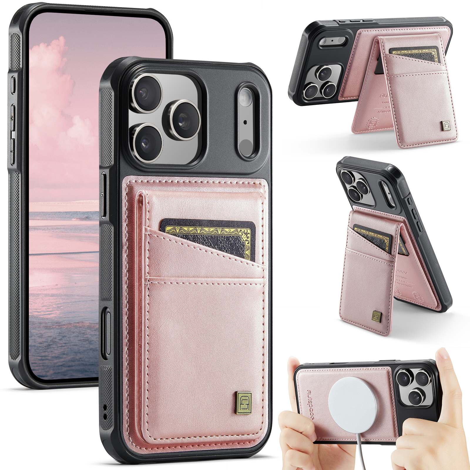 AUTSPACE for iPhone 18 Pro Max Case A12 Leather Back Cover with Magnetic Detachable Card Bag Kickstand - Rose Gold