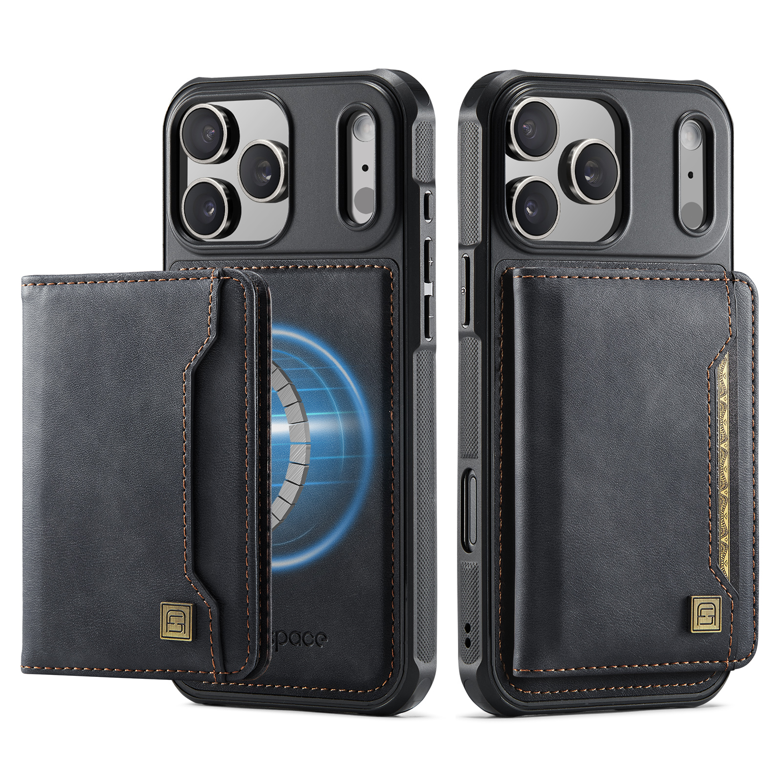 AUTSPACE for iPhone 18 Pro Max Case A13 Vintage Leather Back Cover with Magnetic Detachable Card Bag - Black