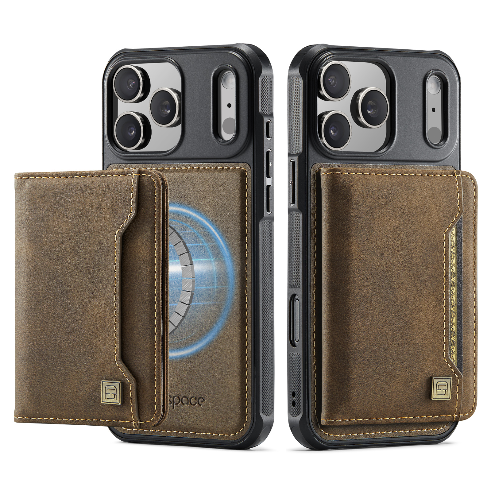 AUTSPACE for iPhone 18 Pro Max Case A13 Vintage Leather Back Cover with Magnetic Detachable Card Bag - Coffee