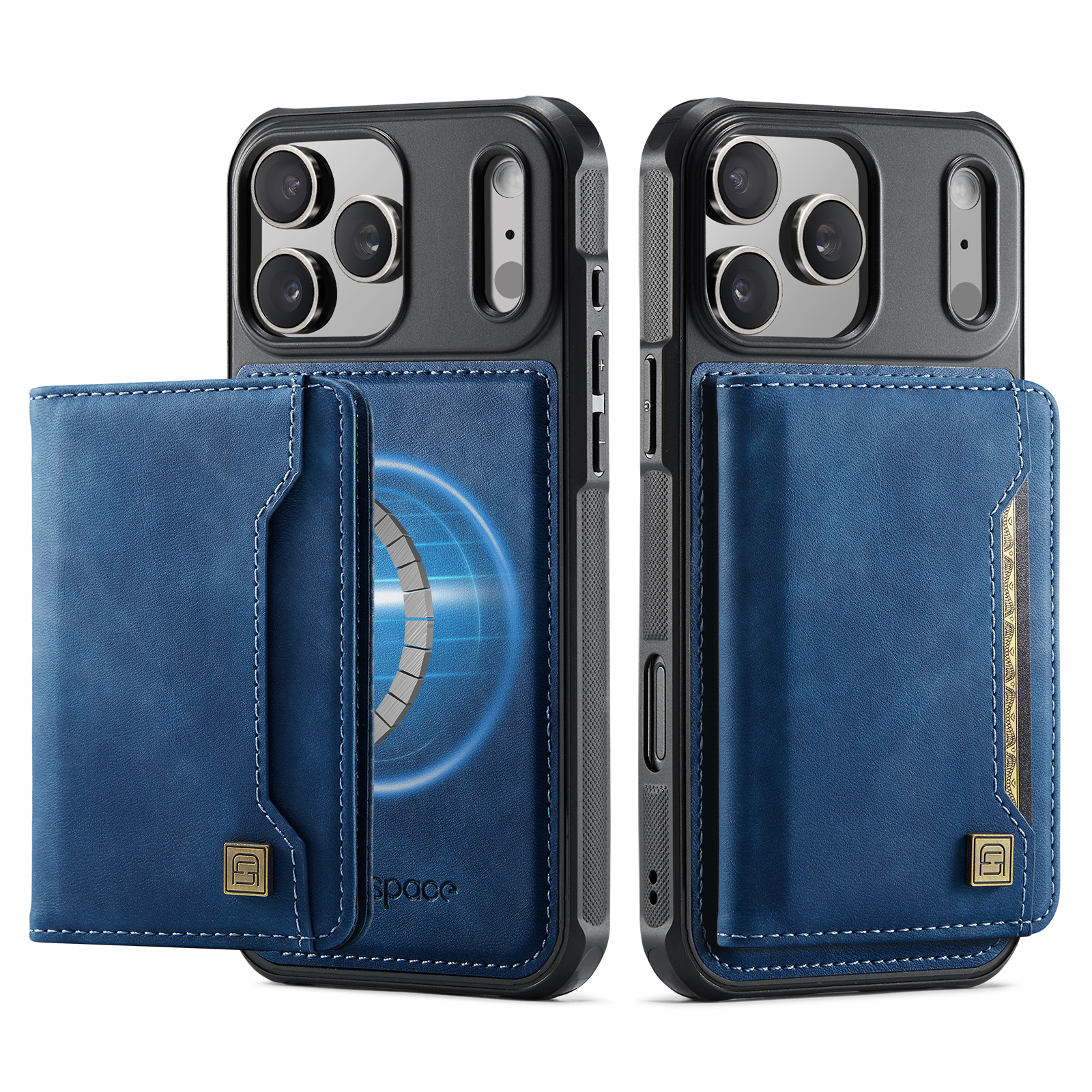 AUTSPACE for iPhone 18 Pro Max Case A13 Vintage Leather Back Cover with Magnetic Detachable Card Bag - Blue