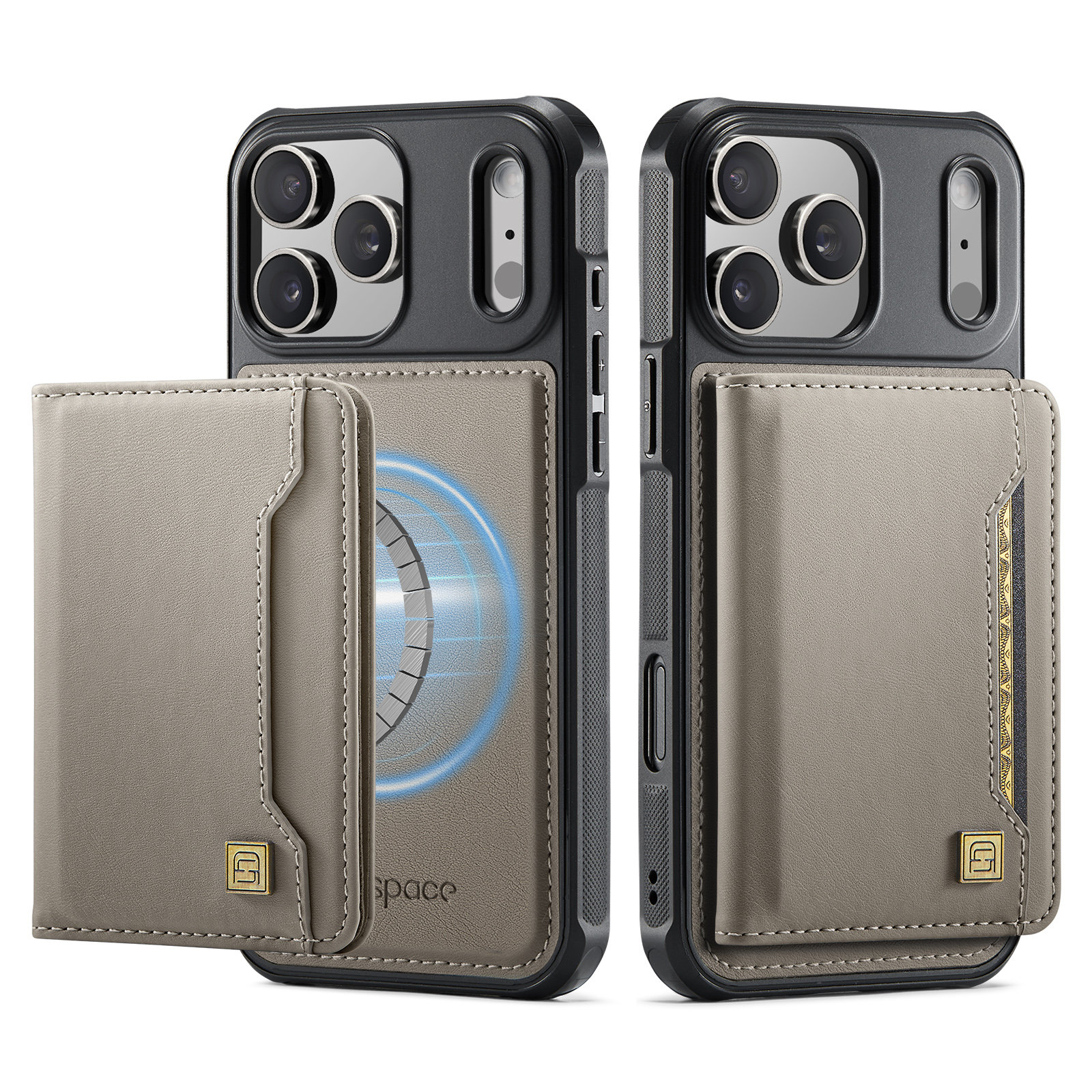 AUTSPACE for iPhone 18 Pro Max Case A13 Vintage Leather Back Cover with Magnetic Detachable Card Bag - Grey
