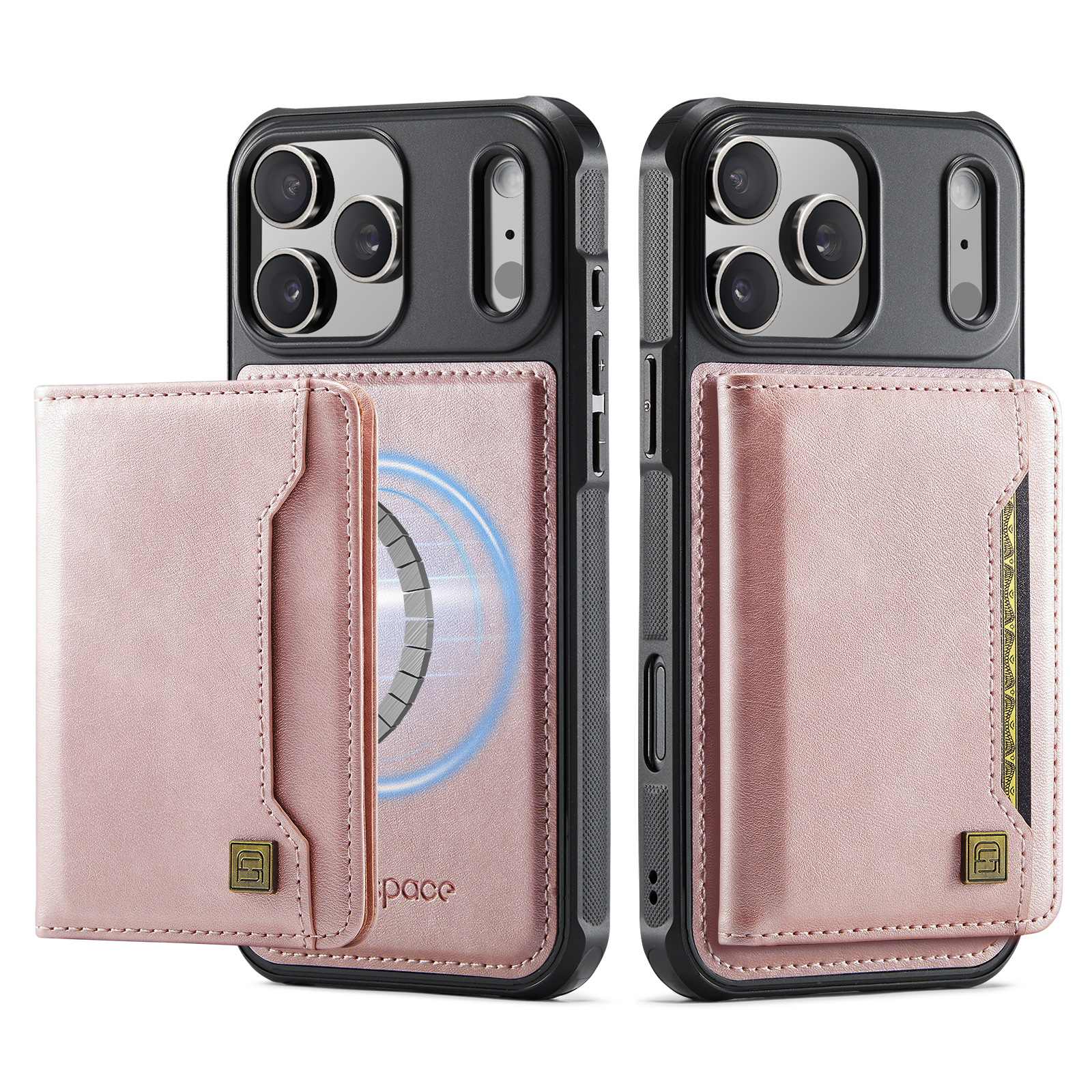 AUTSPACE for iPhone 18 Pro Max Case A13 Vintage Leather Back Cover with Magnetic Detachable Card Bag - Rose Gold