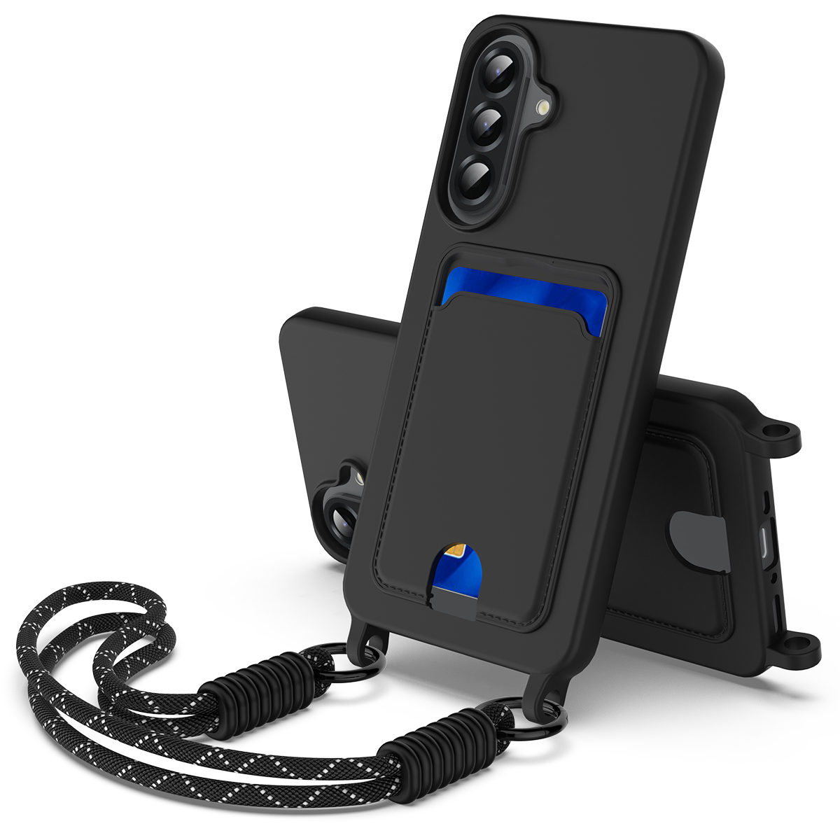 For Samsung Galaxy A27 5G Liquid Silicone Case Phone Back Cover with Card Holder and Short Strap - Black