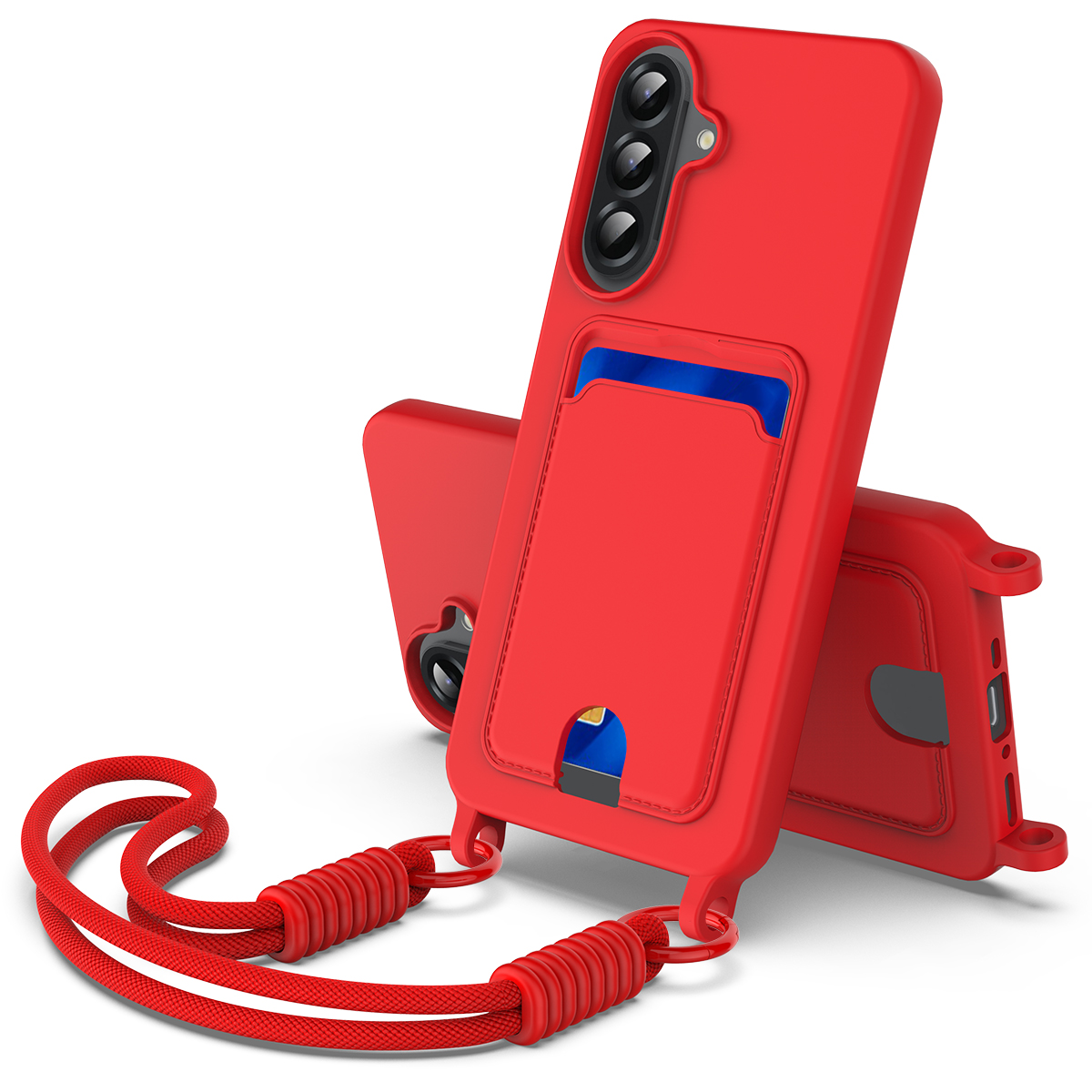 For Samsung Galaxy A27 5G Liquid Silicone Case Phone Back Cover with Card Holder and Short Strap - Red