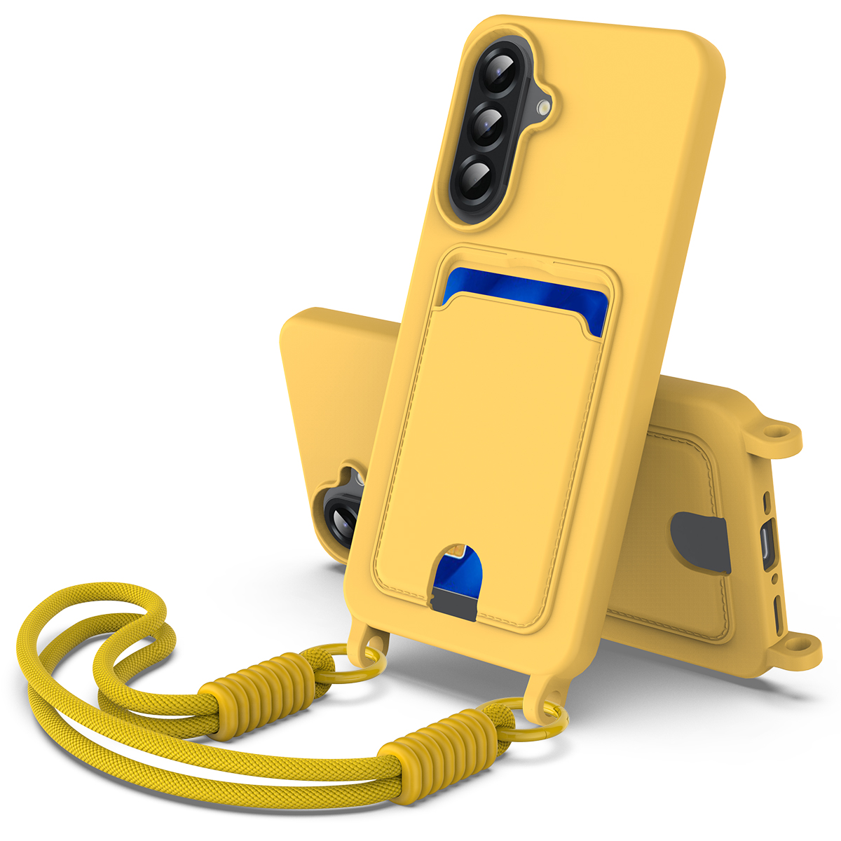 For Samsung Galaxy A27 5G Liquid Silicone Case  Phone Back Cover with Card Holder and Short Strap - Yellow