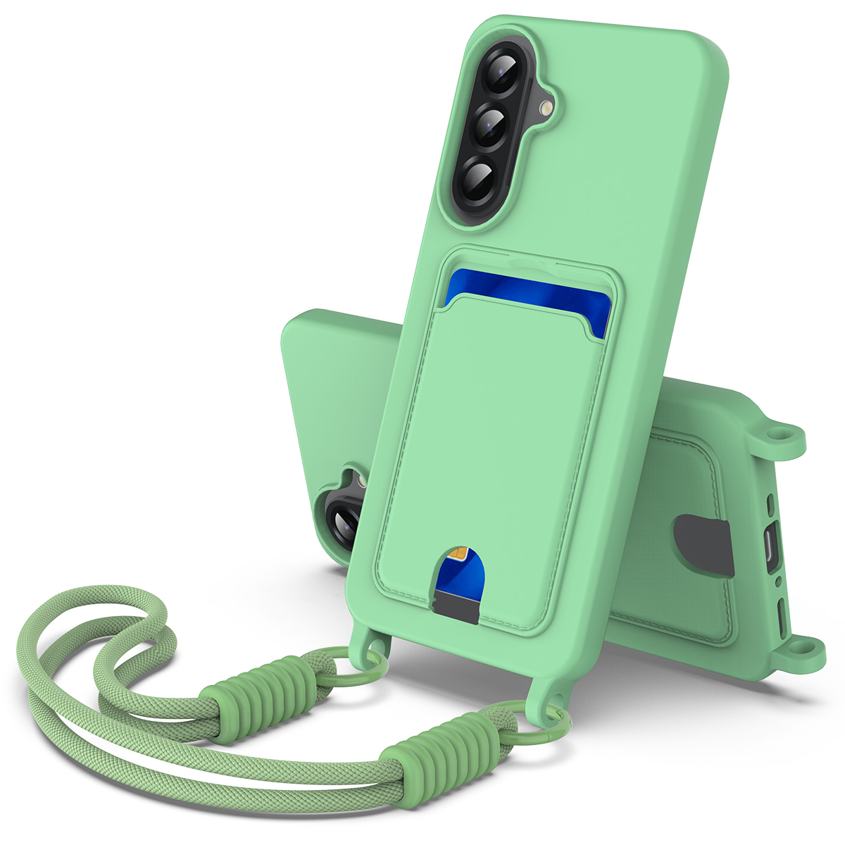 For Samsung Galaxy A27 5G Liquid Silicone Case Phone Back Cover with Card Holder and Short Strap - Green