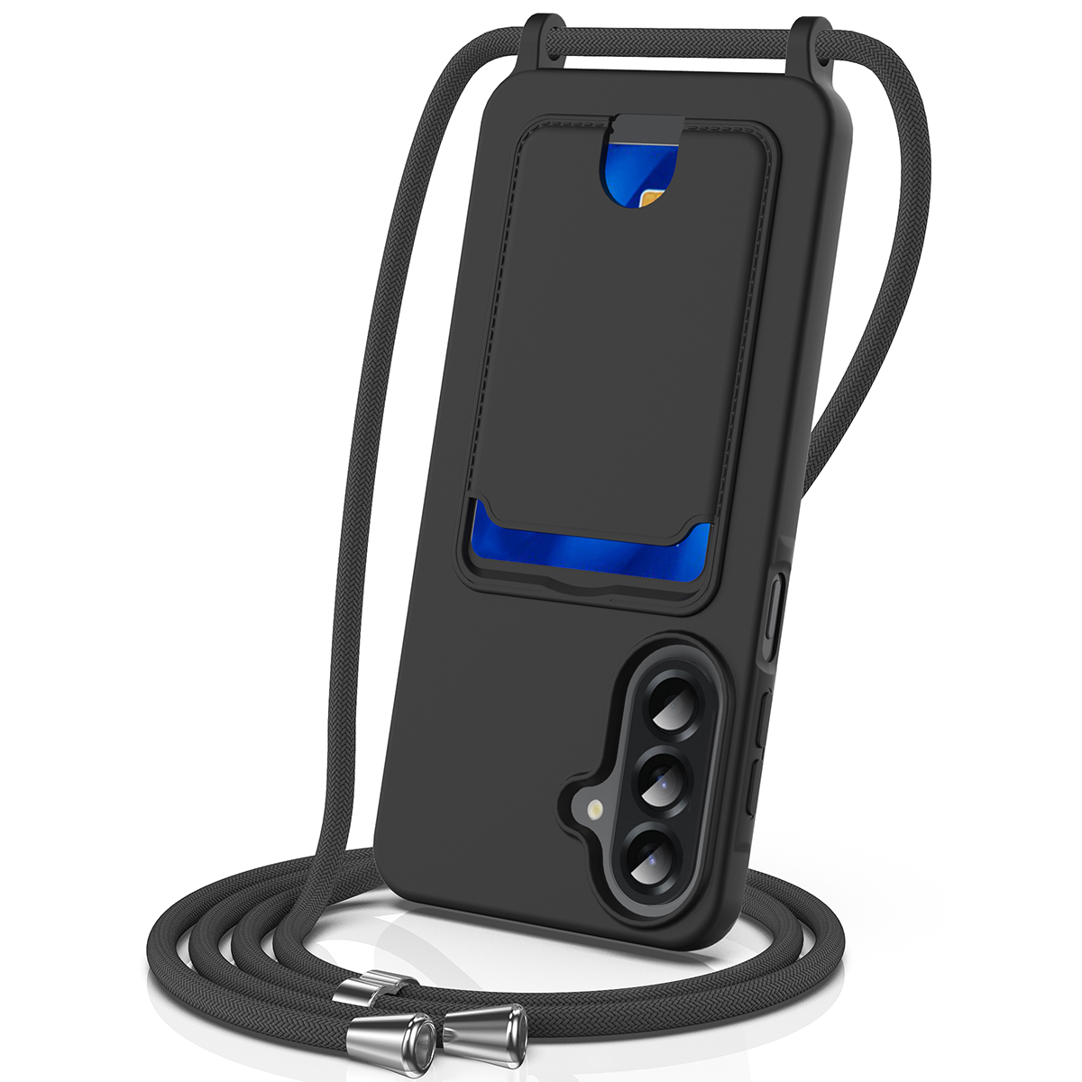 For Samsung Galaxy A27 5G Case Liquid Silicone Card Holder Back Phone Cover with Lanyard - Black