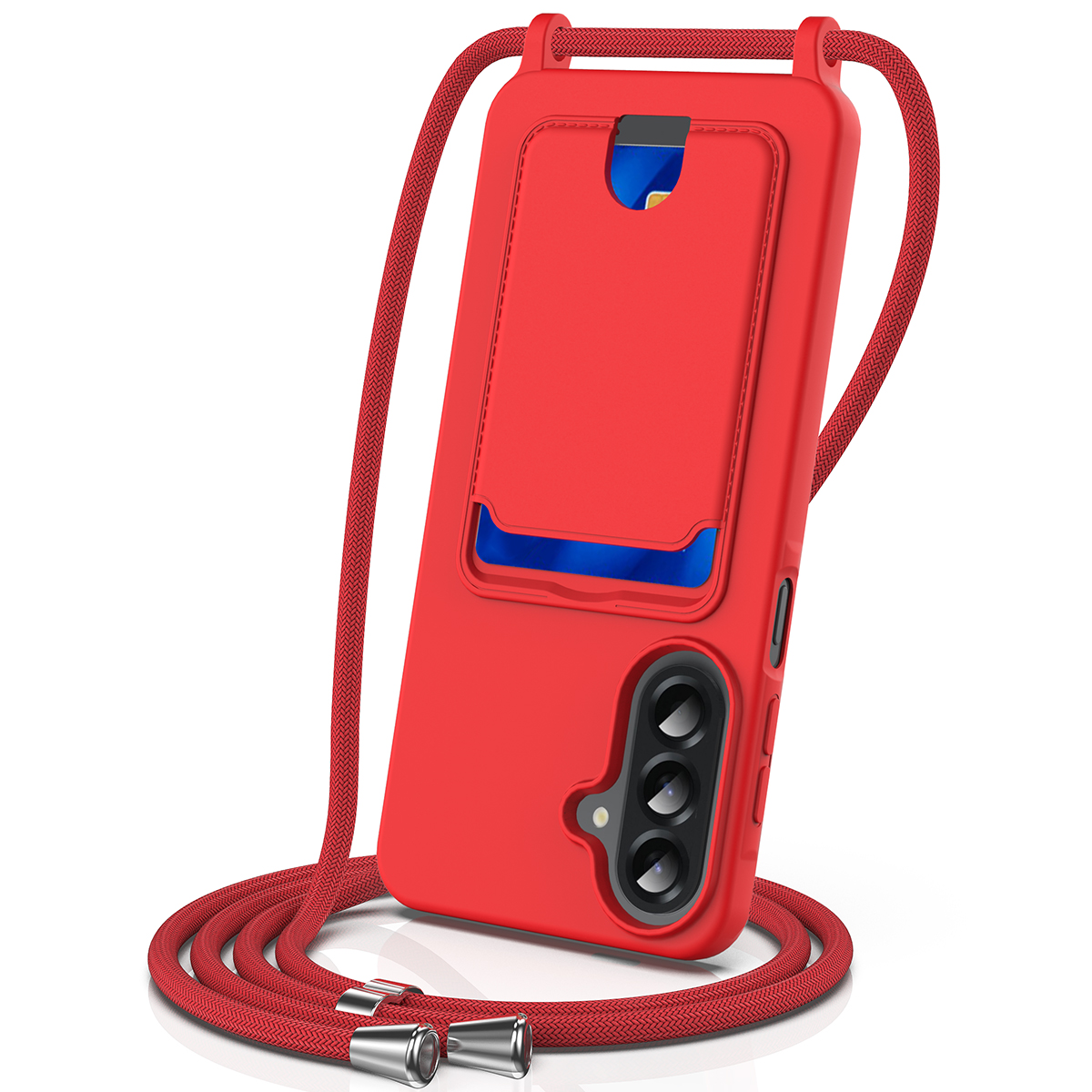 For Samsung Galaxy A27 5G Case Liquid Silicone Card Holder Back Phone Cover with Lanyard - Red