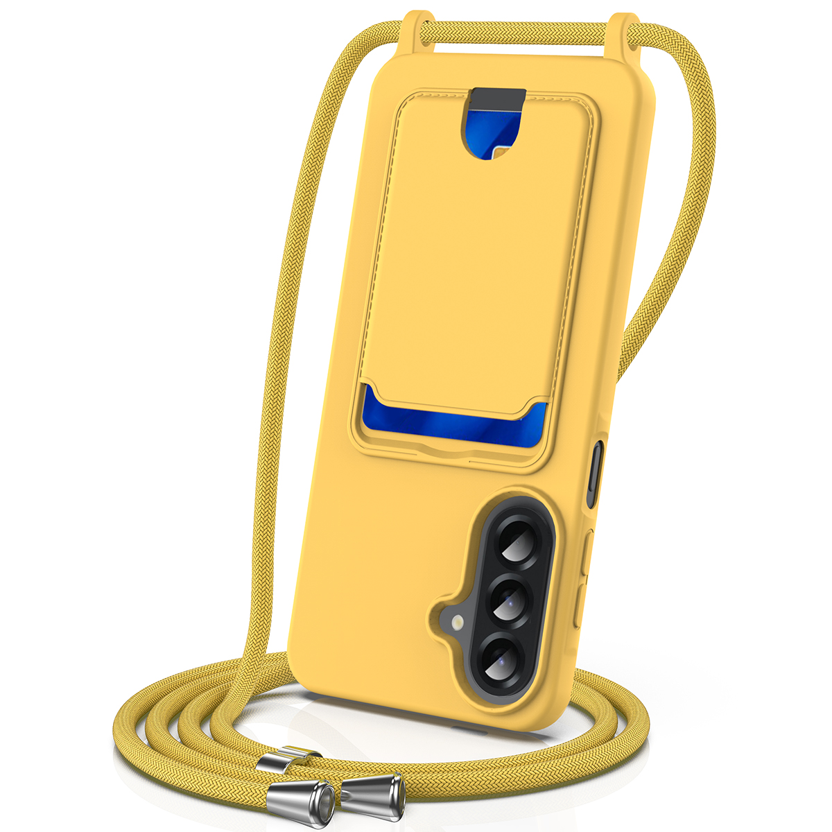 For Samsung Galaxy A27 5G Case Liquid Silicone Card Holder Back Phone Cover with Lanyard - Yellow