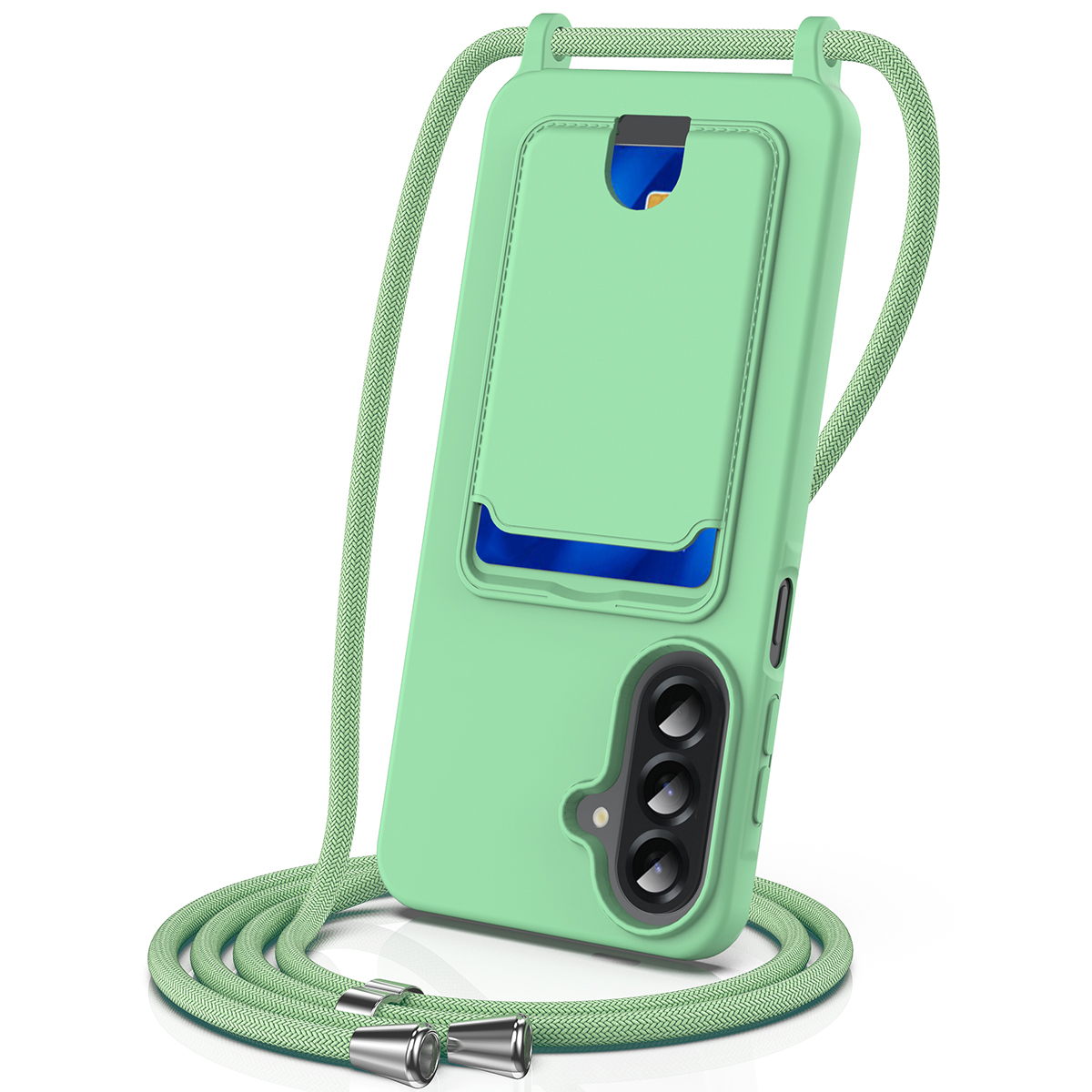For Samsung Galaxy A27 5G Case Liquid Silicone Card Holder Back Phone Cover with Lanyard - Green