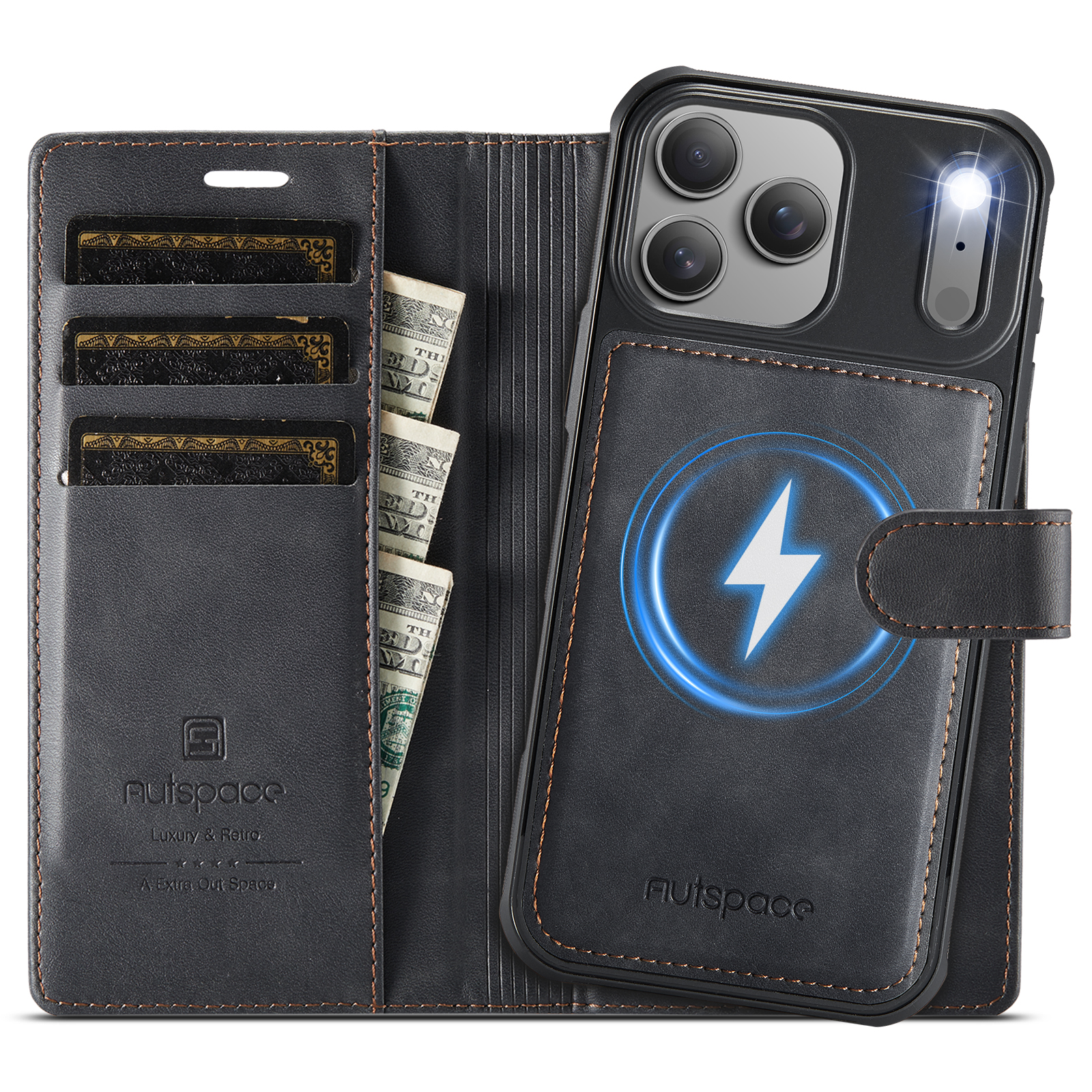 AUTSPACE for iPhone 18 Pro Max A05 Case Wallet Stand Detachable Leather Magnetic Phone Cover - Black