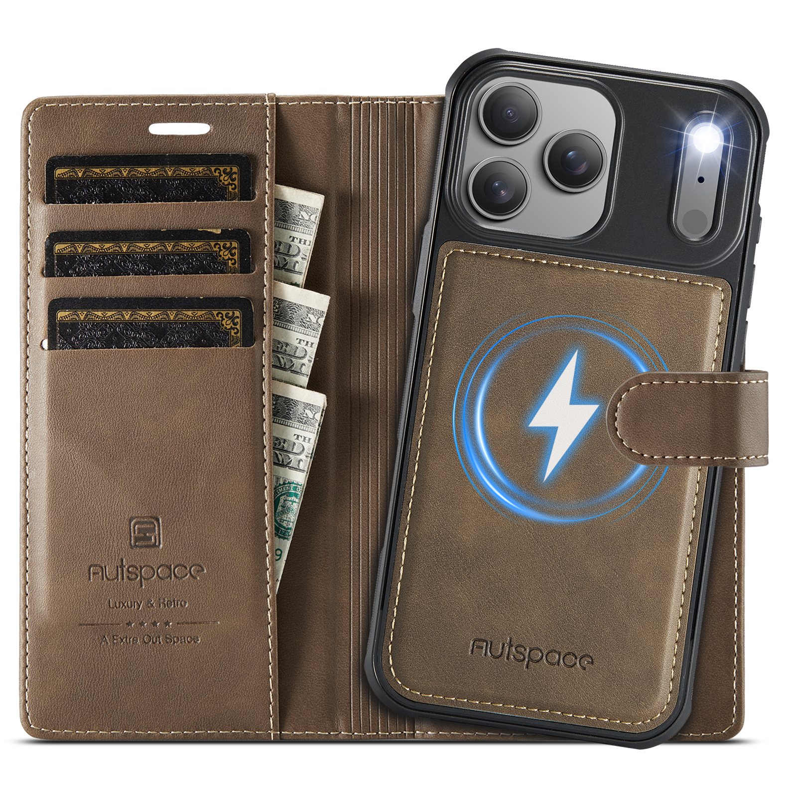 AUTSPACE for iPhone 18 Pro Max A05 Case Wallet Stand Detachable Leather Magnetic Phone Cover - Coffee