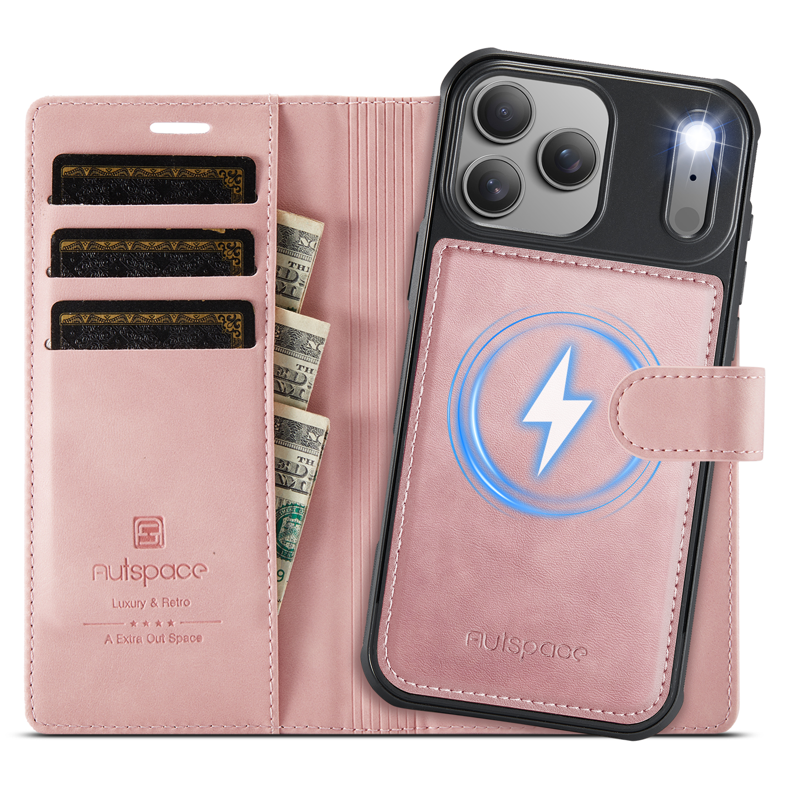 AUTSPACE for iPhone 18 Pro Max A05 Case Wallet Stand Detachable Leather Magnetic Phone Cover - Pink