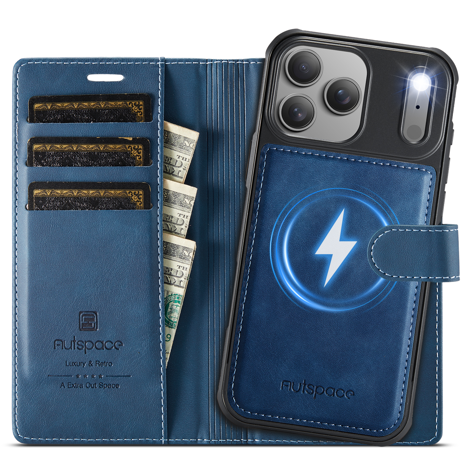 AUTSPACE for iPhone 18 Pro Max A05 Case Wallet Stand Detachable Leather Magnetic Phone Cover - Blue