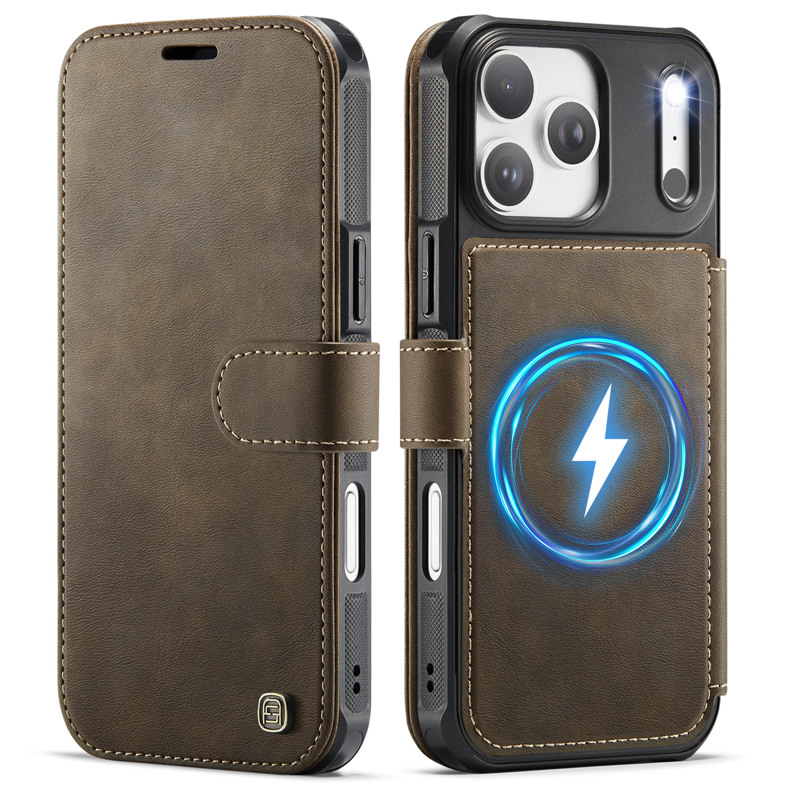 AUTSPACE for iPhone 18 Pro Max A15 Case RFID Blocking Wallet Leather Magnetic Phone Cover - Coffee
