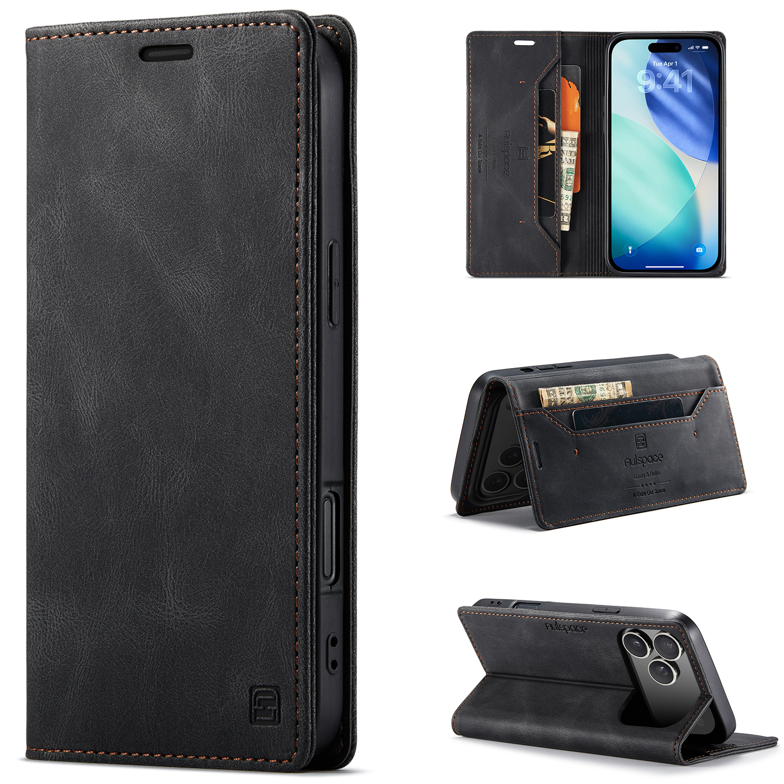 AUTSPACE for iPhone 18 Pro Max Wallet Case  A01 Leather Stand Cover with RFID Blocking Card Holder - Black