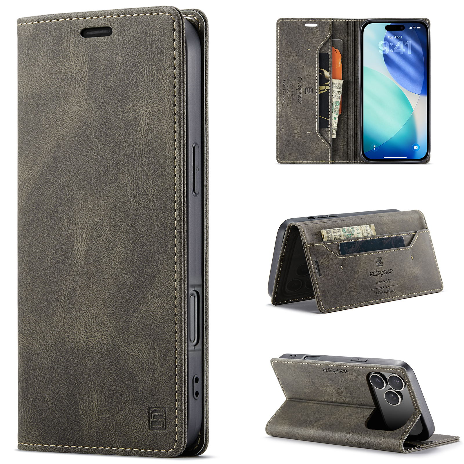 AUTSPACE for iPhone 18 Pro Max Wallet Case  A01 Leather Stand Cover with RFID Blocking Card Holder - Coffee