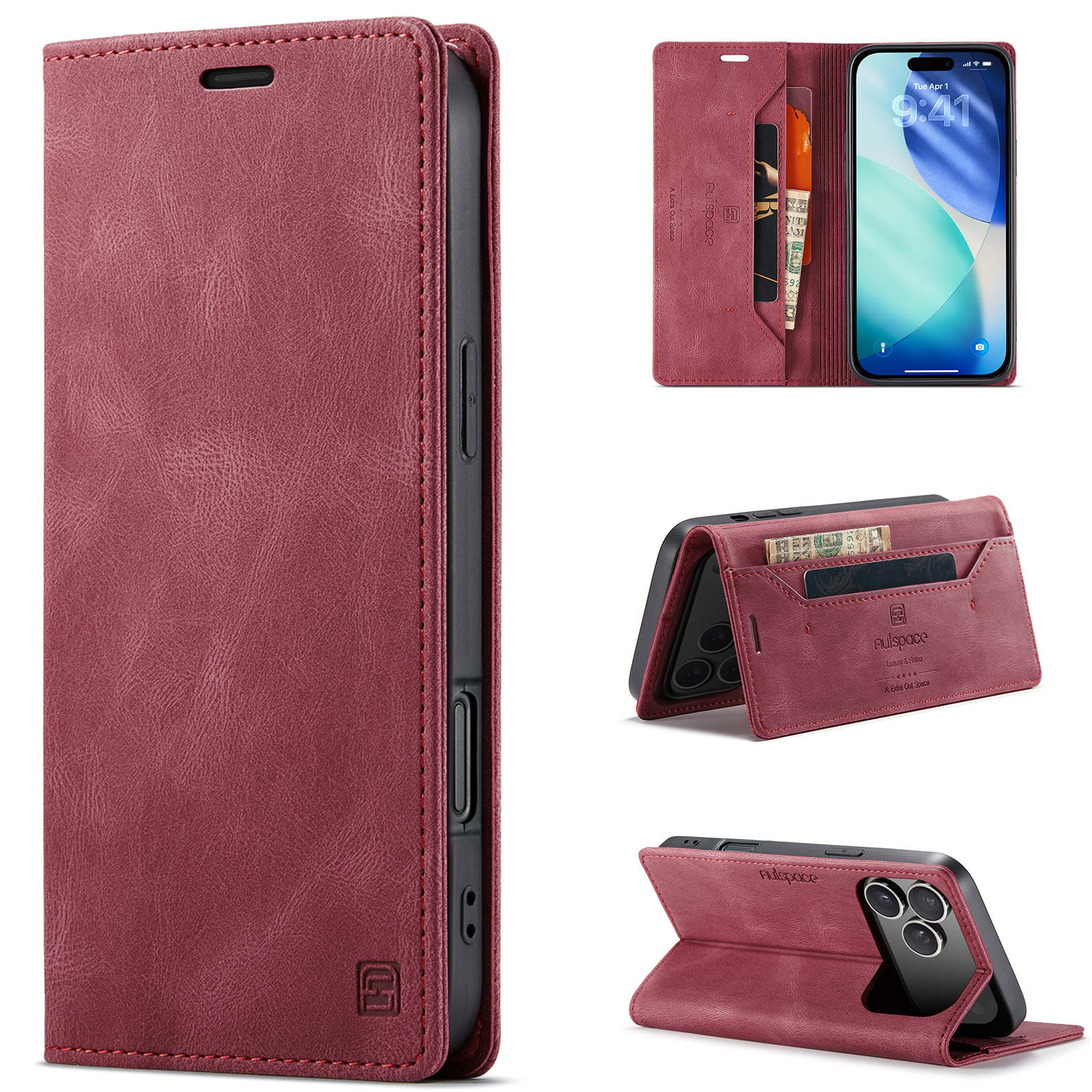 AUTSPACE for iPhone 18 Pro Max Wallet Case A01 Leather Stand Cover with RFID Blocking Card Holder - Wine Red