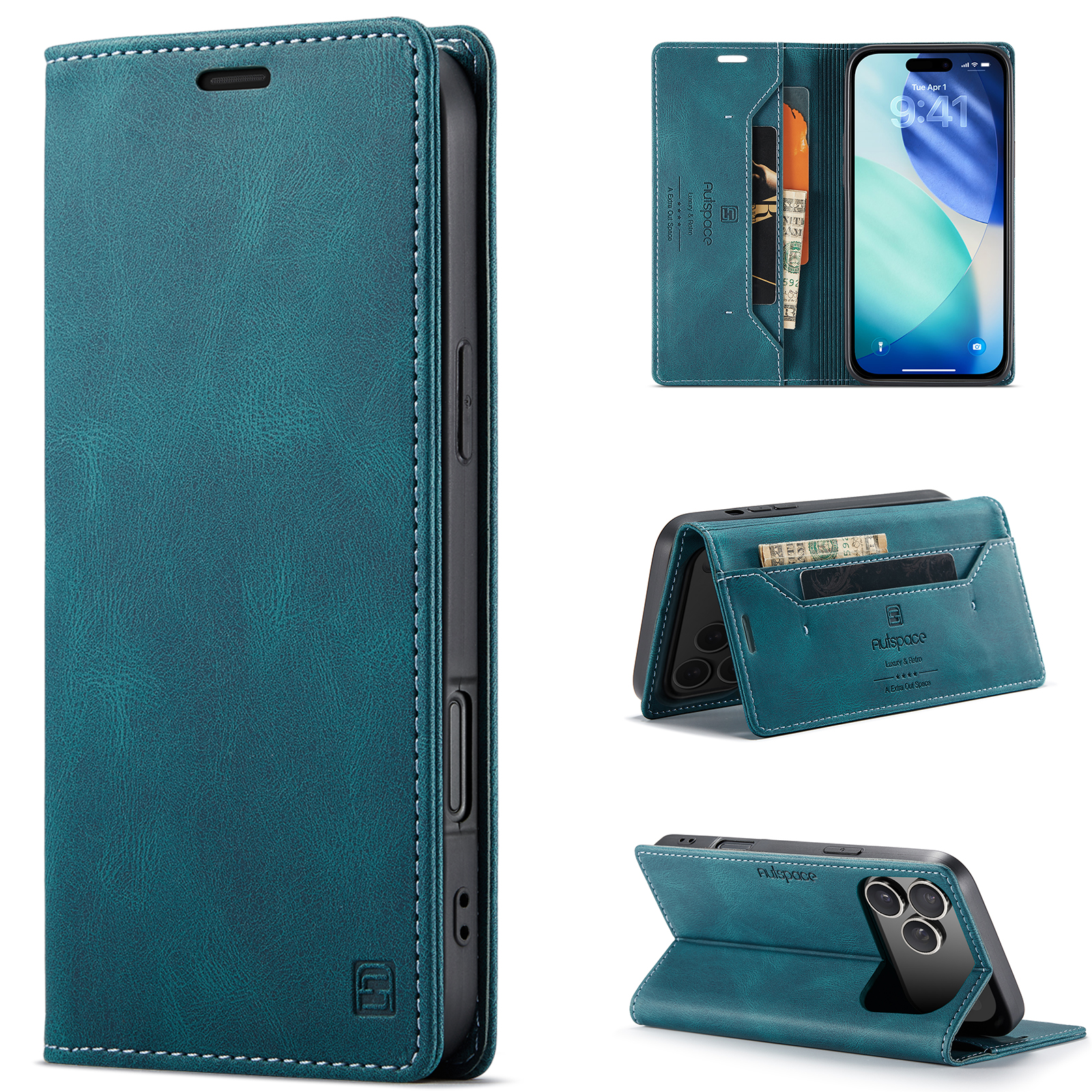 AUTSPACE for iPhone 18 Pro Max Wallet Case A01 Leather Stand Cover with RFID Blocking Card Holder - Blue