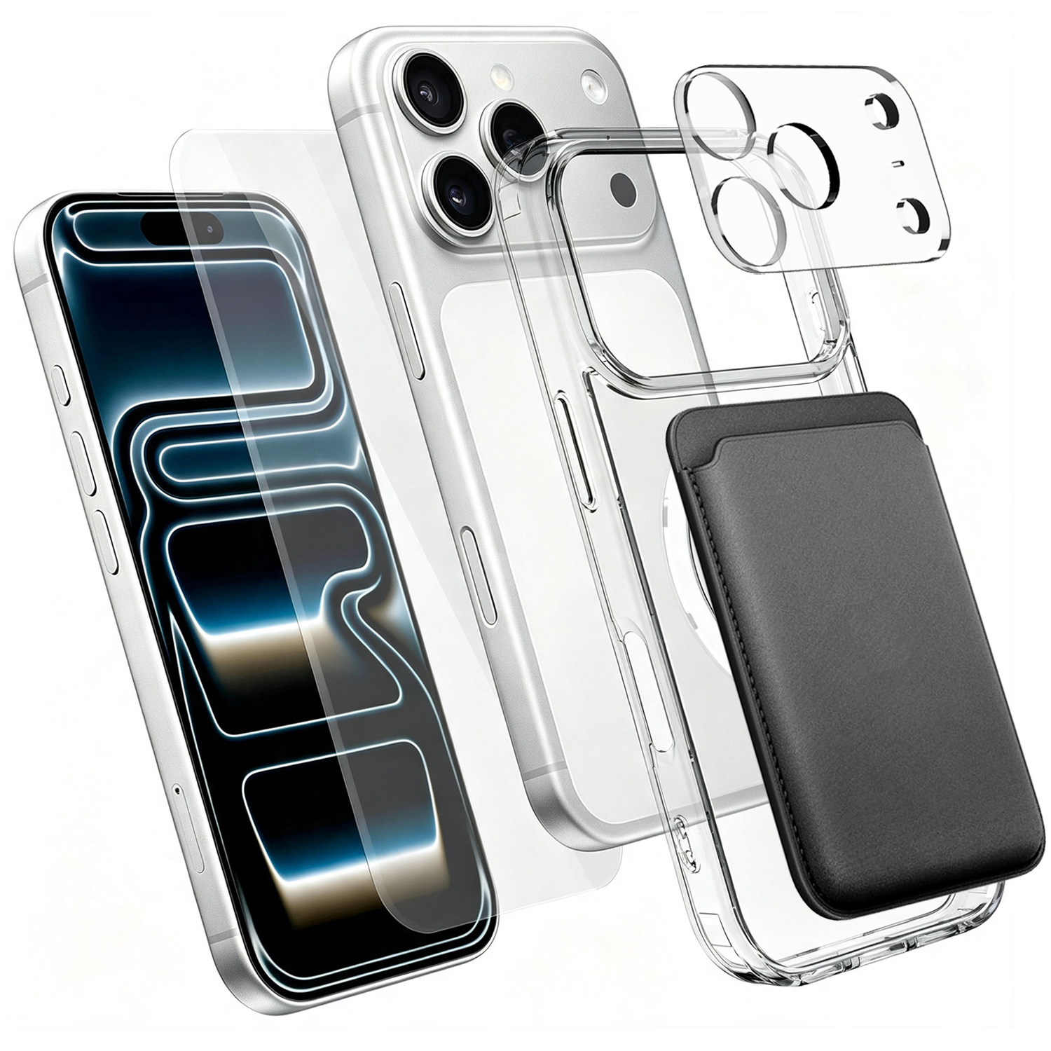 For iPhone 18 Pro Magnetic Case TPU + PC Phone Cover with High Aluminium-silicon Glass Screen Protector + Lens Protector + Card Holder - Transparent