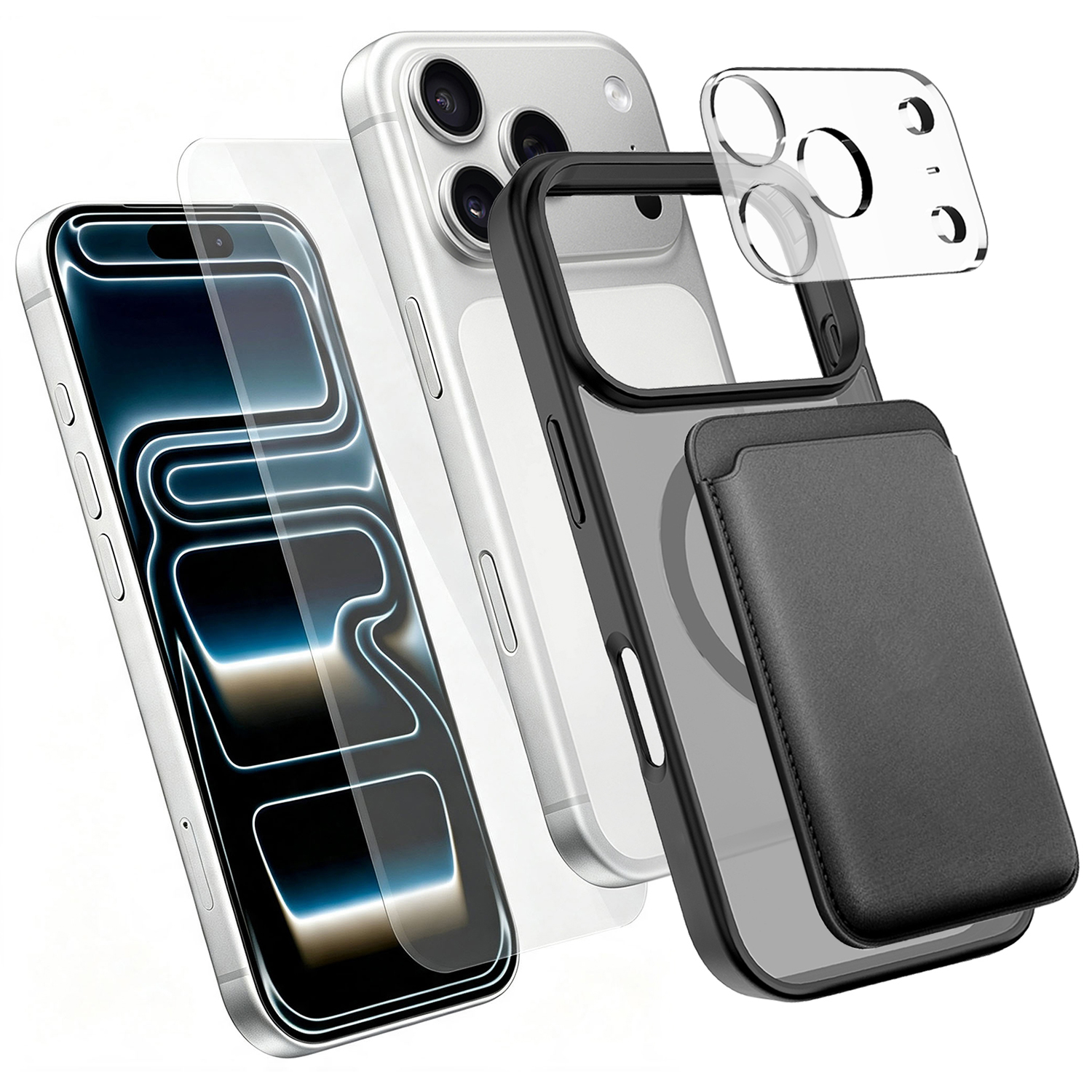 For iPhone 18 Pro Magnetic Case TPU + PC Phone Cover with High Aluminium-silicon Glass Screen Protector + Lens Protector + Card Holder - Black
