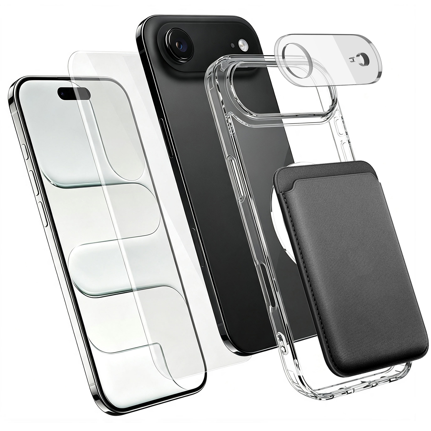 For iPhone Air Magnetic Case TPU + PC Phone Cover with High Aluminium-silicon Glass Screen Protector + Lens Protector + Card Holder - Transparent