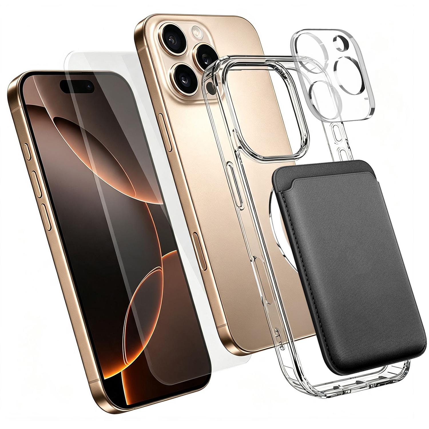 For iPhone 16 Pro Max Magnetic Case TPU + PC Phone Cover with High Aluminium-silicon Glass Screen Protector + Lens Protector + Card Holder - Transparent